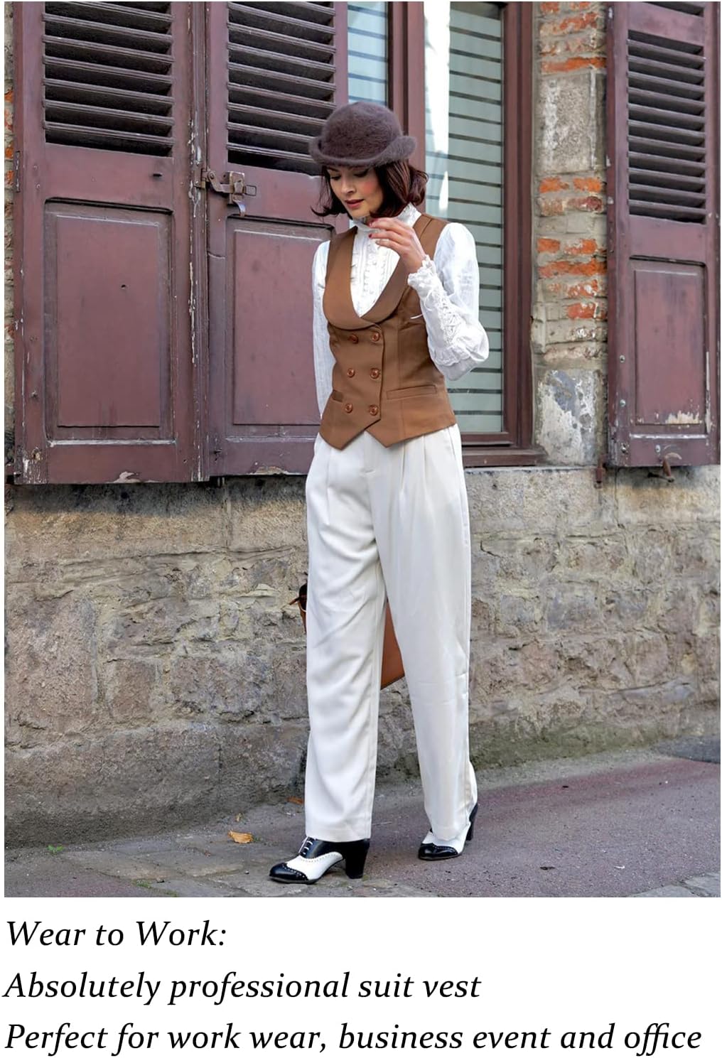 Belle Poque Women Double Breasted Waistcoat Vintage Lapel Collar Vest Coat with 2 Pockets - Image 5