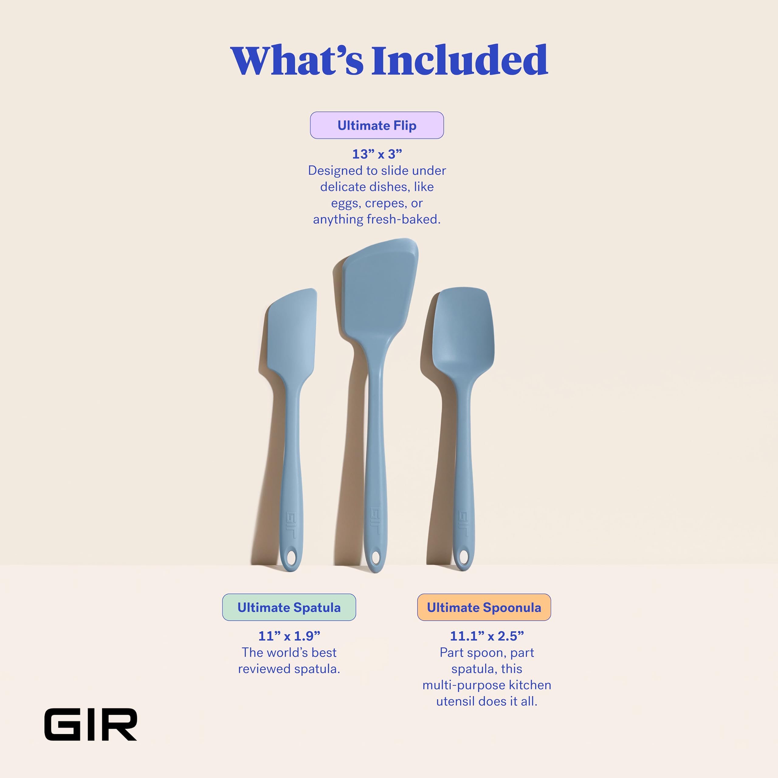 GIR: Get It Right – Lot de 3 ustensiles en silicone – Spatule, flip et cuillère – Antiadhésif – Résistant à la chaleur – Passe au lave-vaisselle – Ustensiles de cuisine – Fournitures de cuisson – Sans