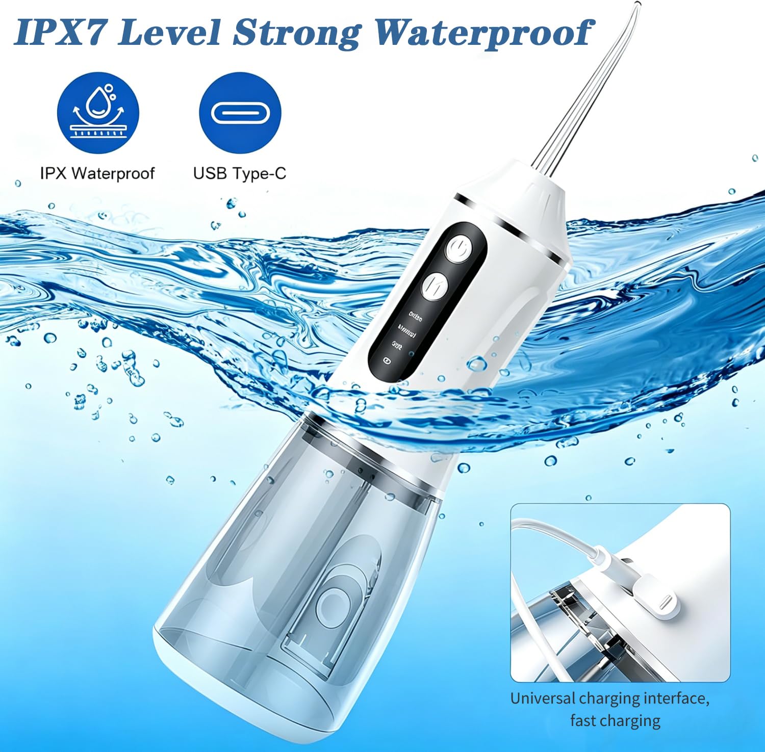 Idropulsore Dentale Portatile, Irrigatore Orale Senza Fili Impermeabile IPX7 con 3 Modalità e 4 Ugelli, Serbatoio da 380ml, Tecnologia a Impulsi e Grande Autonomia per Uso Domestico e Viaggi