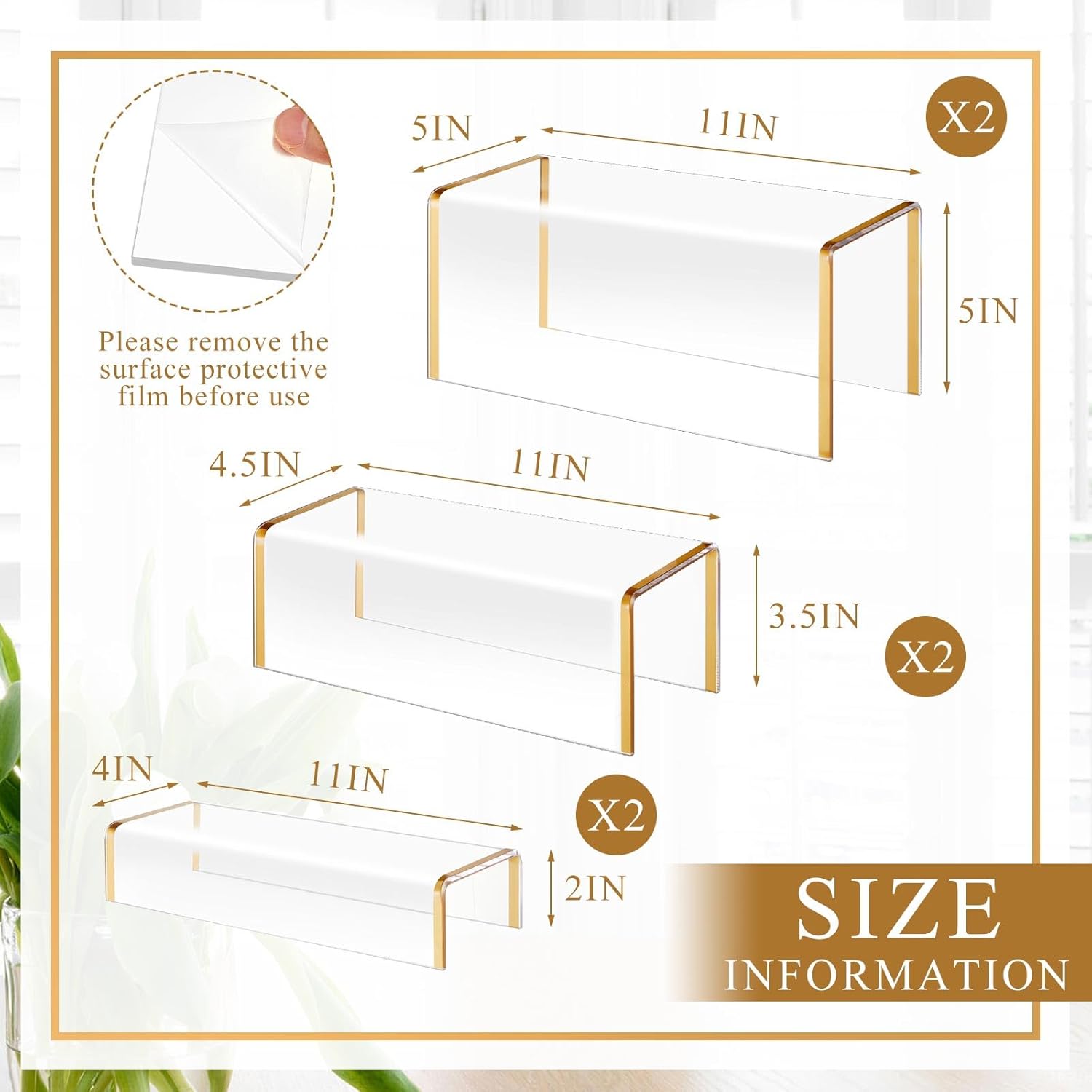 RattanView 6 Pack Clear Acrylic Purses Display Stands, 11" L 5mm Thick Luxury Purse, Handbag, Jewelry & Perfume Risers, Gold Luxury Shoe Display Riser for Closet, Boutique, Vendor Events (3 Tier)