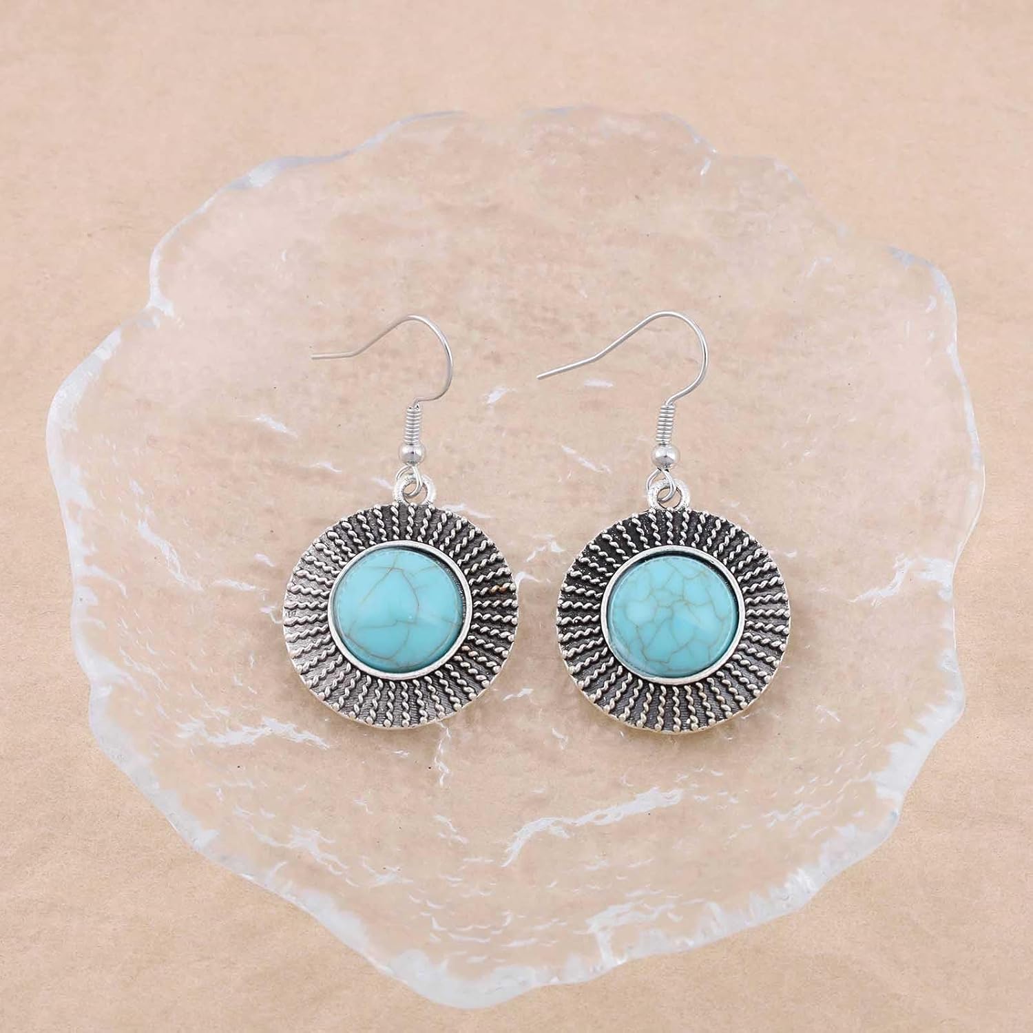 Boho Round Turquoise Dangle Earrings Tribal Turquoise Earrings Silver Turquoise Tibetan Earrings Ethnic Turquoise Drop Earrings Blue Stone Earrings Jewelry for Women - Image 3