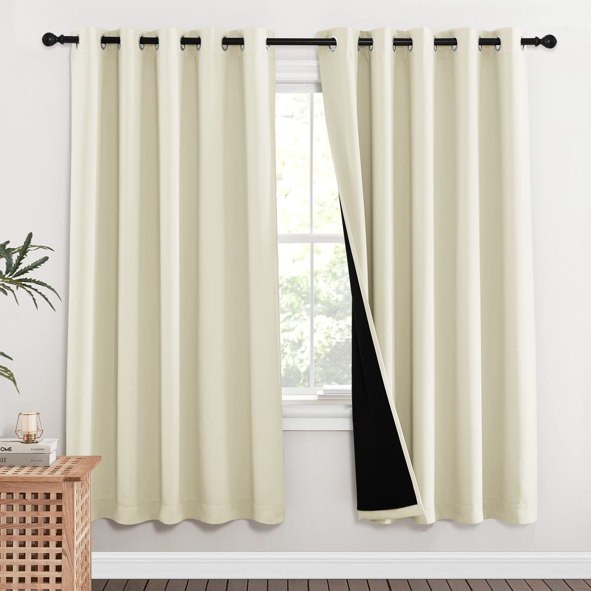 NICETOWN Living Room Completely Shaded Draperies, Privacy Protection &amp; Noise Reducing Ring Top Drapes, Black Lined Insulated Window Treatment Curtain Panels (Beige, 2 Pieces, W62 x L72)