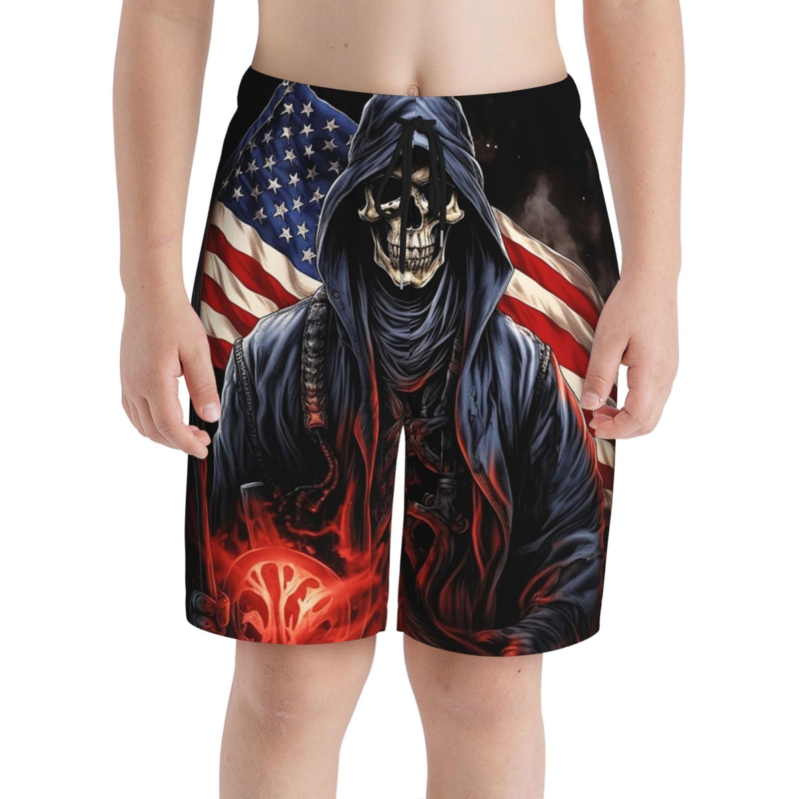 HERRECX Fireman American Flag Skull Skeleton Cool Boys Swim Trunks Swim Board for Teen Kid Shorts Surf Swimming Beach Trunks Large