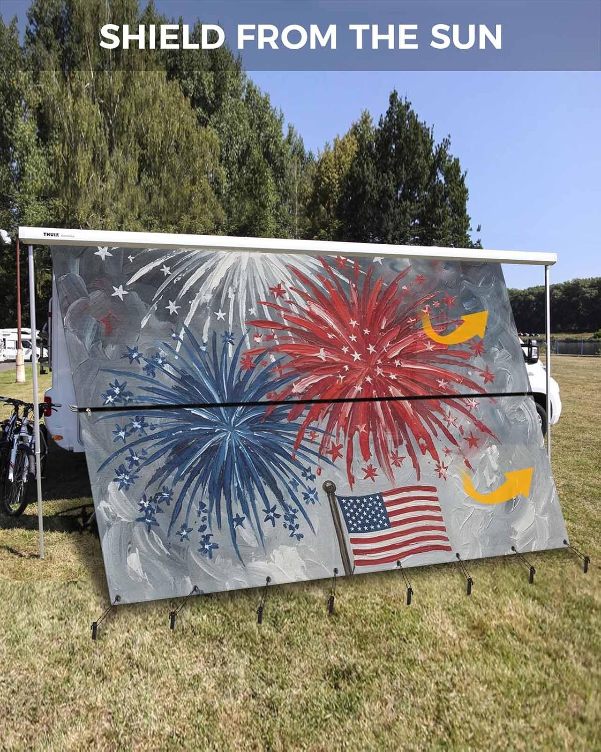 RV Awning Sun Shade Screen 9' x 15'3", 250 Anniversary USA Flag Mesh RV Awning Shades Complete Kits, American 4th of July Blue Red Fireworks Sunlight Blocker Outdoor Canopy for Camping Trailer