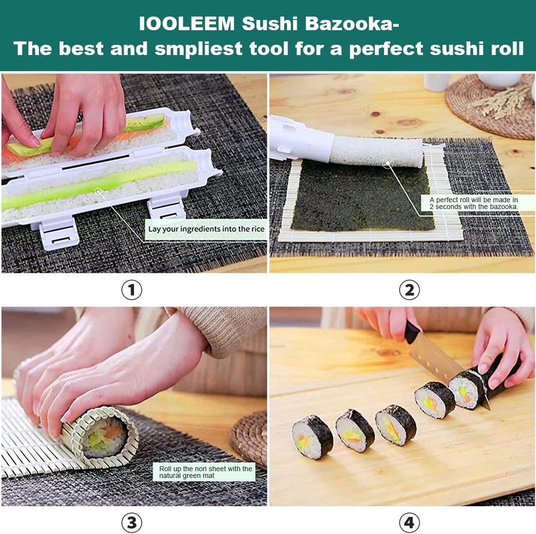 IOOLEEM 15 Pieces Sushi Making Kit, Ideal beginner's Sushi Maker, all-in-one sushi making set, Bamboo Sushi maker, Sushi Bazooka, Sushi mats