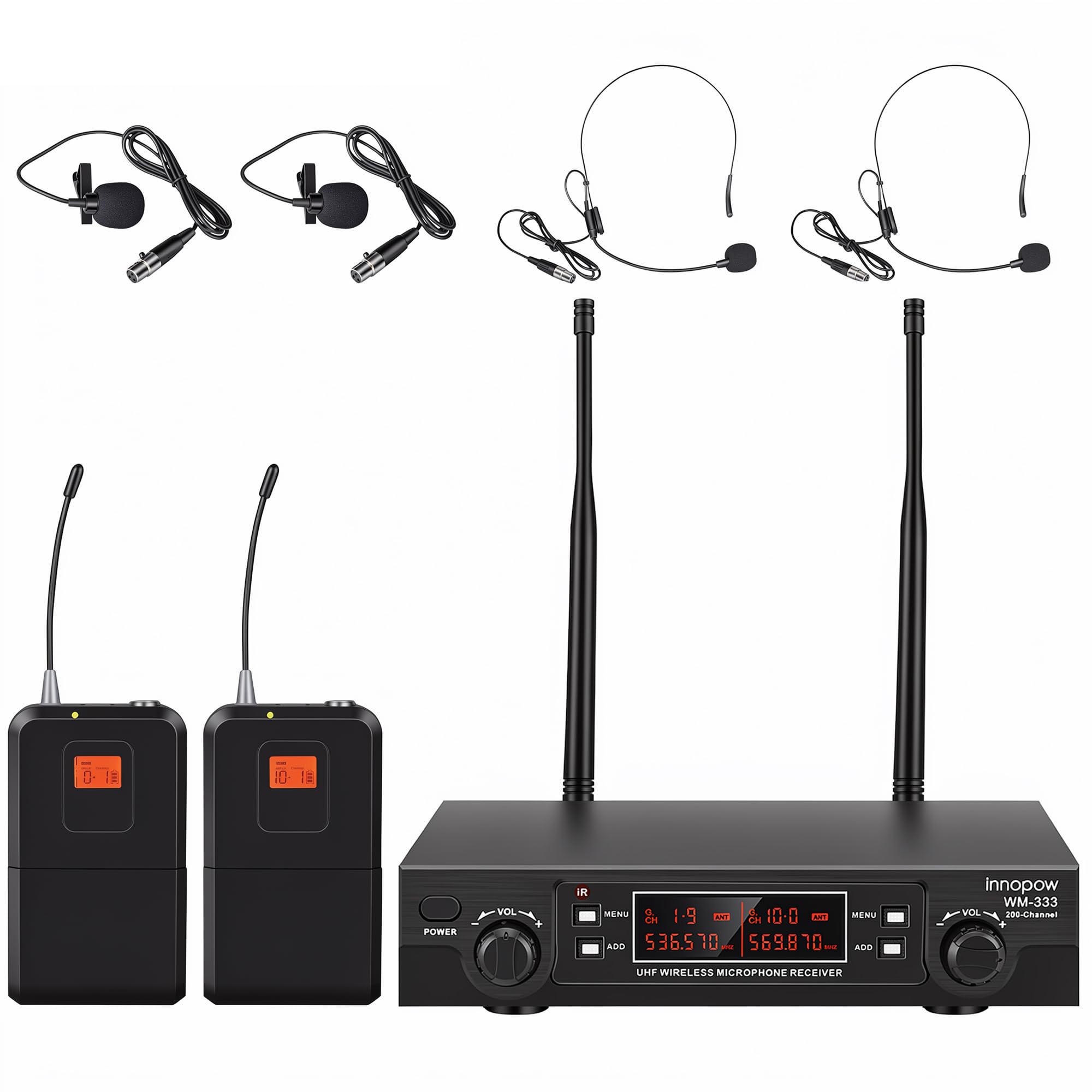 innopow 200-Channel Wireless Lavalier Microphone, Dual UHF Bodypack Cordless Lavalier Mic System Set, Auto Scan, Long Range 200-240Ft, 16 Hours Use Ideal for Speaking, Classroom 2023 333B…