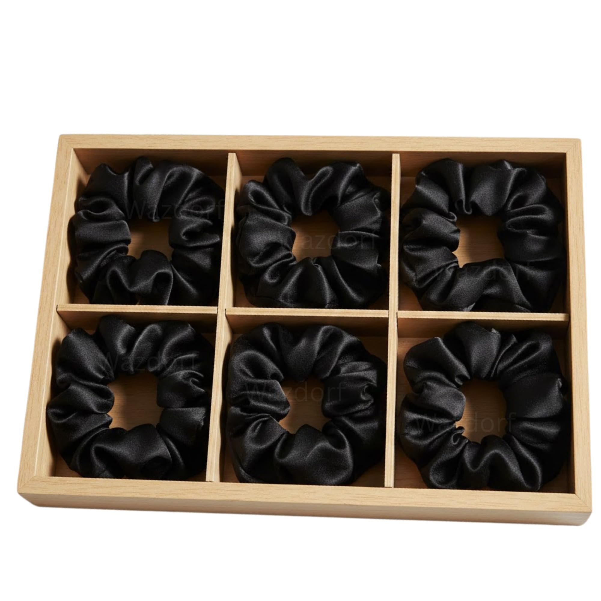 Wazdorf 6 Packs Satin Hair Scrunchies for Women and Girls, Bulk Soft Scrunchy Hair Bands for Hair Accessories, Elastic Hair Bobbles Ponytail Holder for Girl’s Birthday Gift (Black - Pack of 6)(No Box Include)