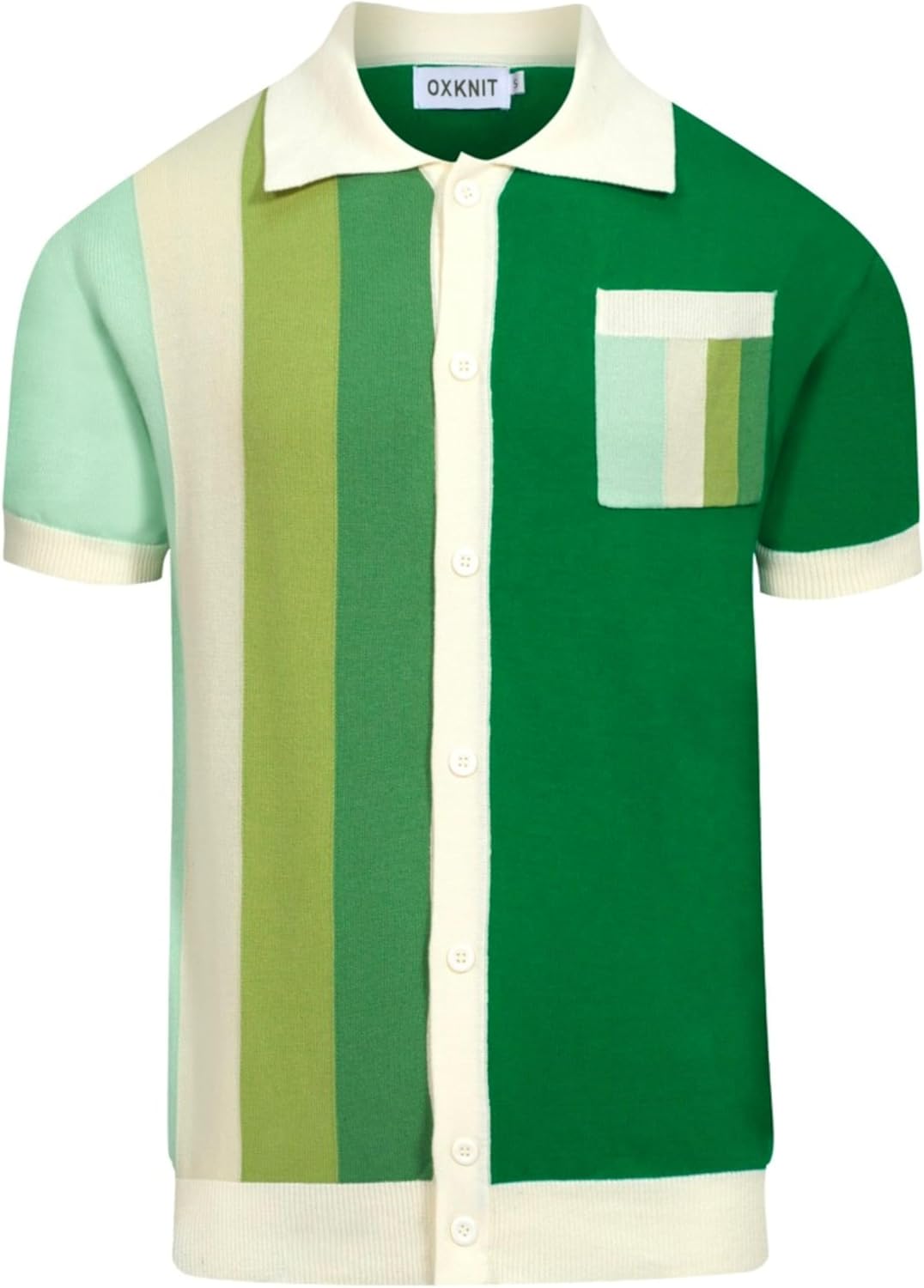 OXKNIT Men's Knitted Poloshirt, 1960s Mod Style Retro Gradient Green Stripes Cotton Cardigan Polo with Button
