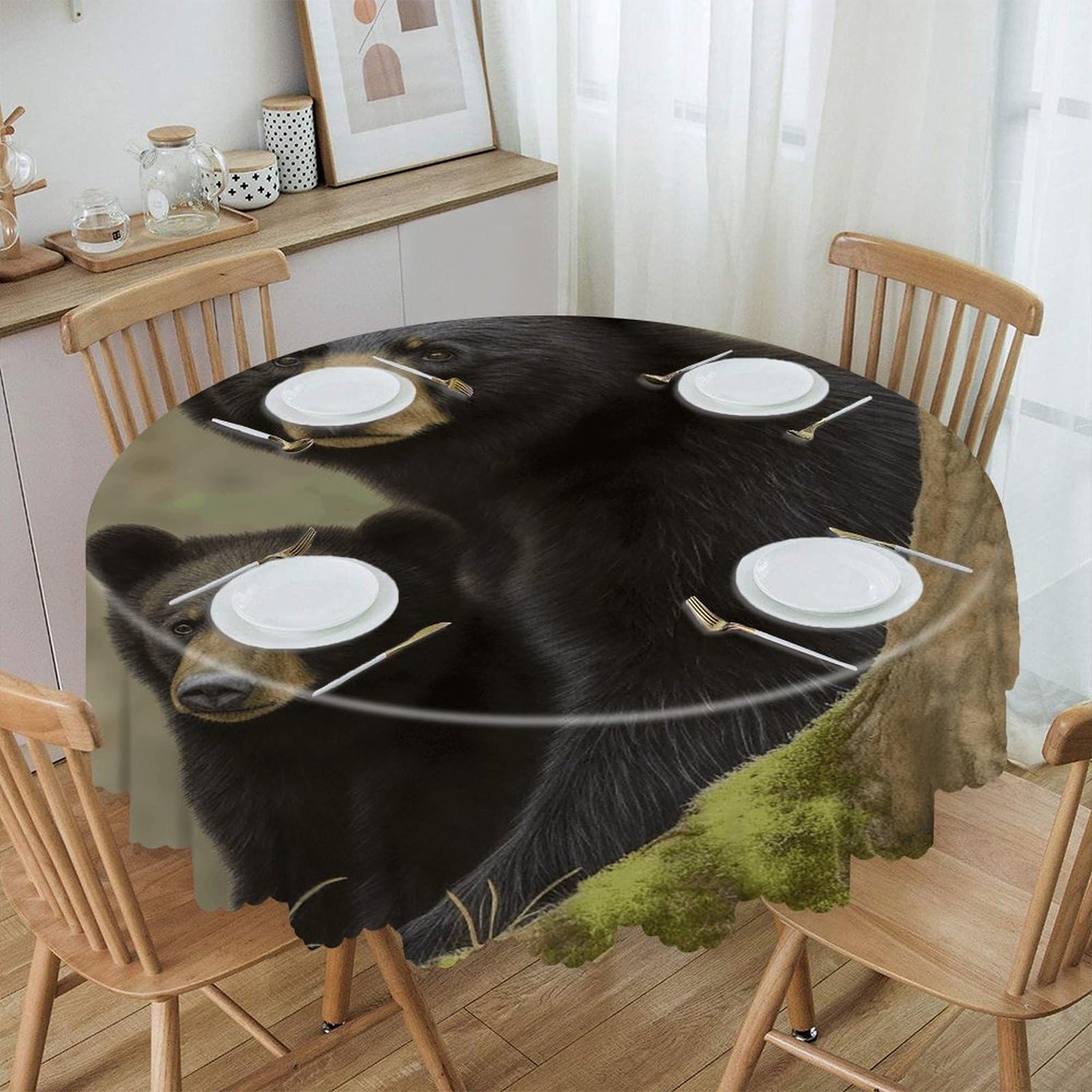 VstaDank Black Bear Mother and Cub Round Tablecloth Wipeable Round Polyester Tablecloth Waterproof Wrinkle Free Indoor and Outdoor Table Cover 60 Inch Decorative Farmhouse Table Cloth for Dining