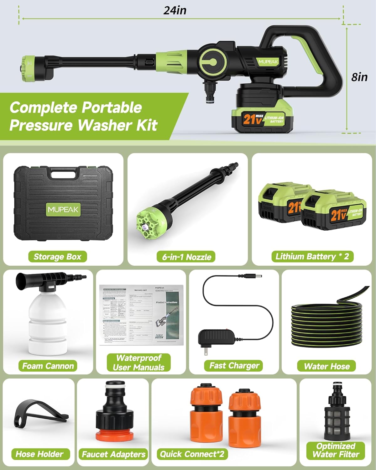 Brushless Cordless Pressure Washer, 1100PSI-Cordless Power Washer with 2 Batteries, 6-in-1 Nozzle/3-Modes Adjustable, 21V 4.0Ah Portable Pressure Washers Battery Operated for Car Home, Green - Image 8