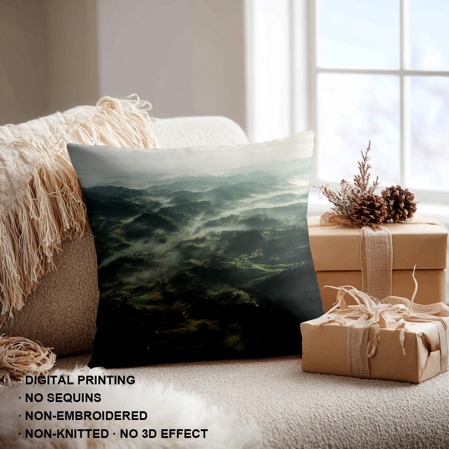 Shrahala Countryside Misty Morning Decorative Throw Pillow Cover, Rolling Terrain Pastoral Ry Square Pillowcase Blended Double-Sided No Inserts for Bedroom Living Room Set of 2 (20 x 20 in)