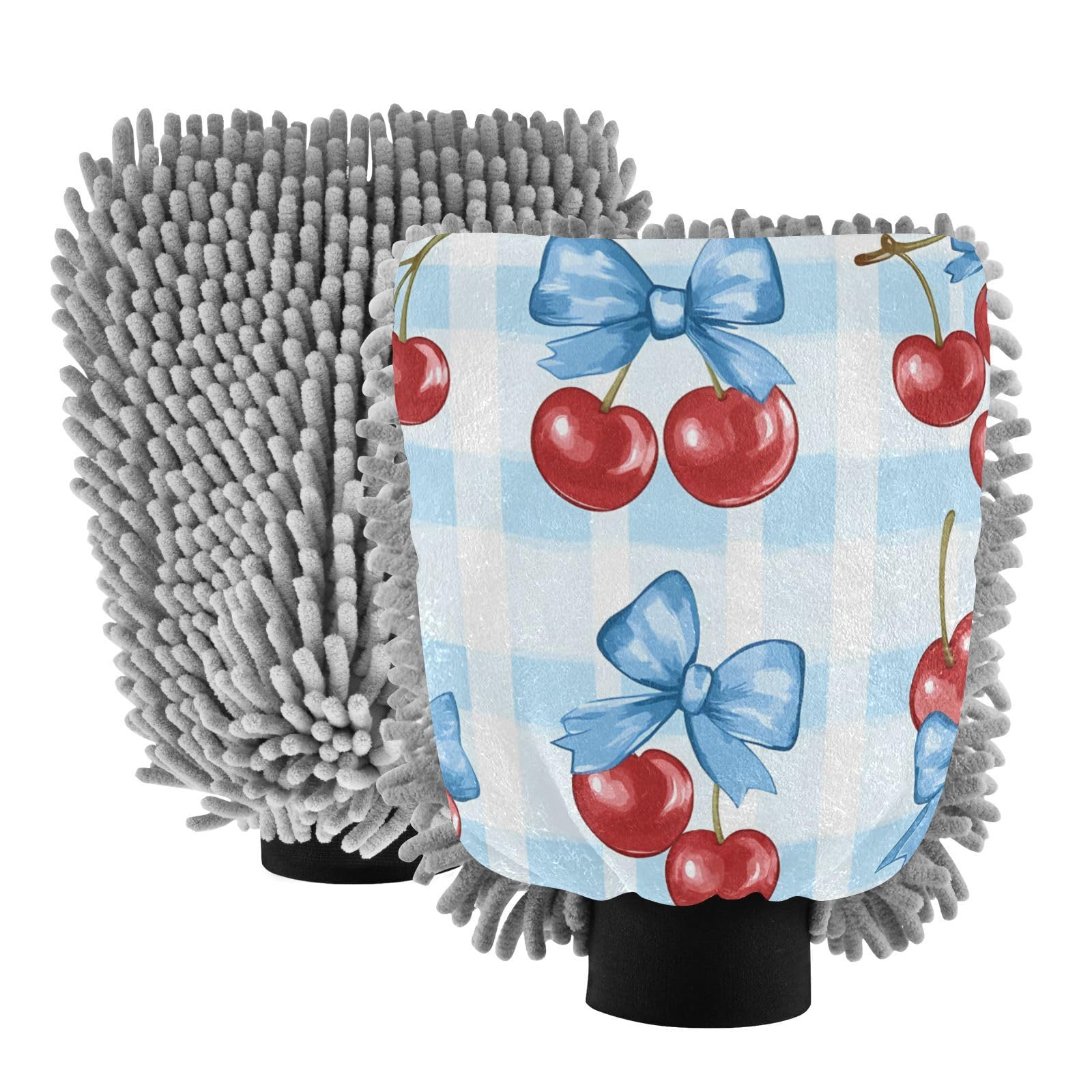 STAYTOP Cherry Tied with A Blue Bow Car Wash Mitt Microfiber, 2Pcs Scratch Free Lint-Free, Premium Chenille Microfiber Mitt Car Wash Brush-L