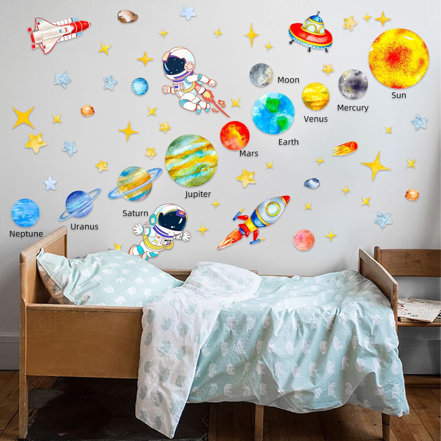 Solar System Wall Decal, Space Astronaut Wall Stickers, Space Nursery Wall Decor for Kids, Peel and Stick Wallpaper, Wall Decor for Boys Girls Room