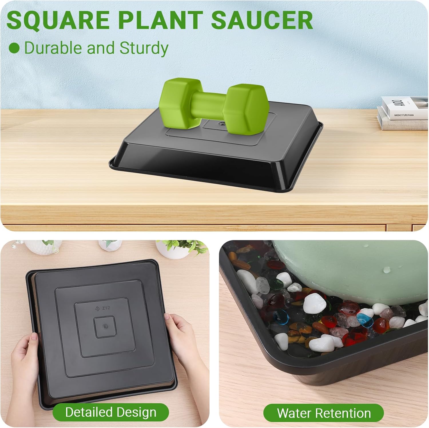 GREANER 10/12/14 Inches Square Plant Saucer, Black Plant Drainage Tray, Seed Starter Growing Trays for Indoors and Outdoors (6 PCS)