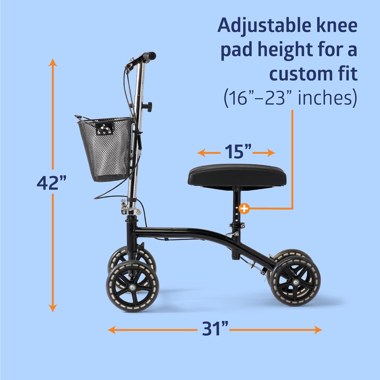 medline steerable knee walker, large 8" wheels, adjustable height and storage bag, supports up to 300 lbs, black black 1 count (pack of 1)