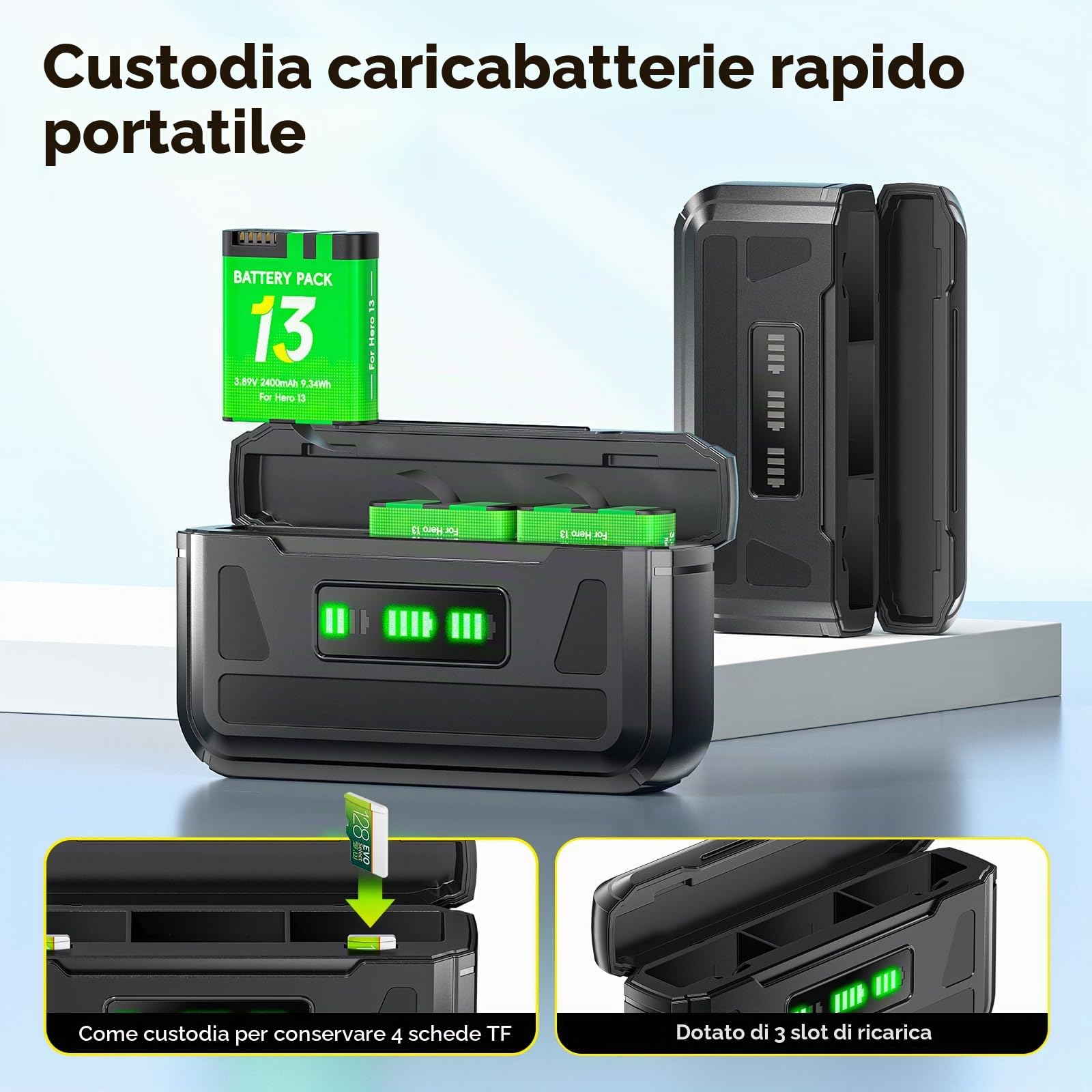 Hero 13 Caricabatterie per Hero 13 Black, Mission 1, Mission 1 Pro - Caricabatterie con display LCD, slot per schede TF, adatto alle basse temperature (batteria non inclusa)