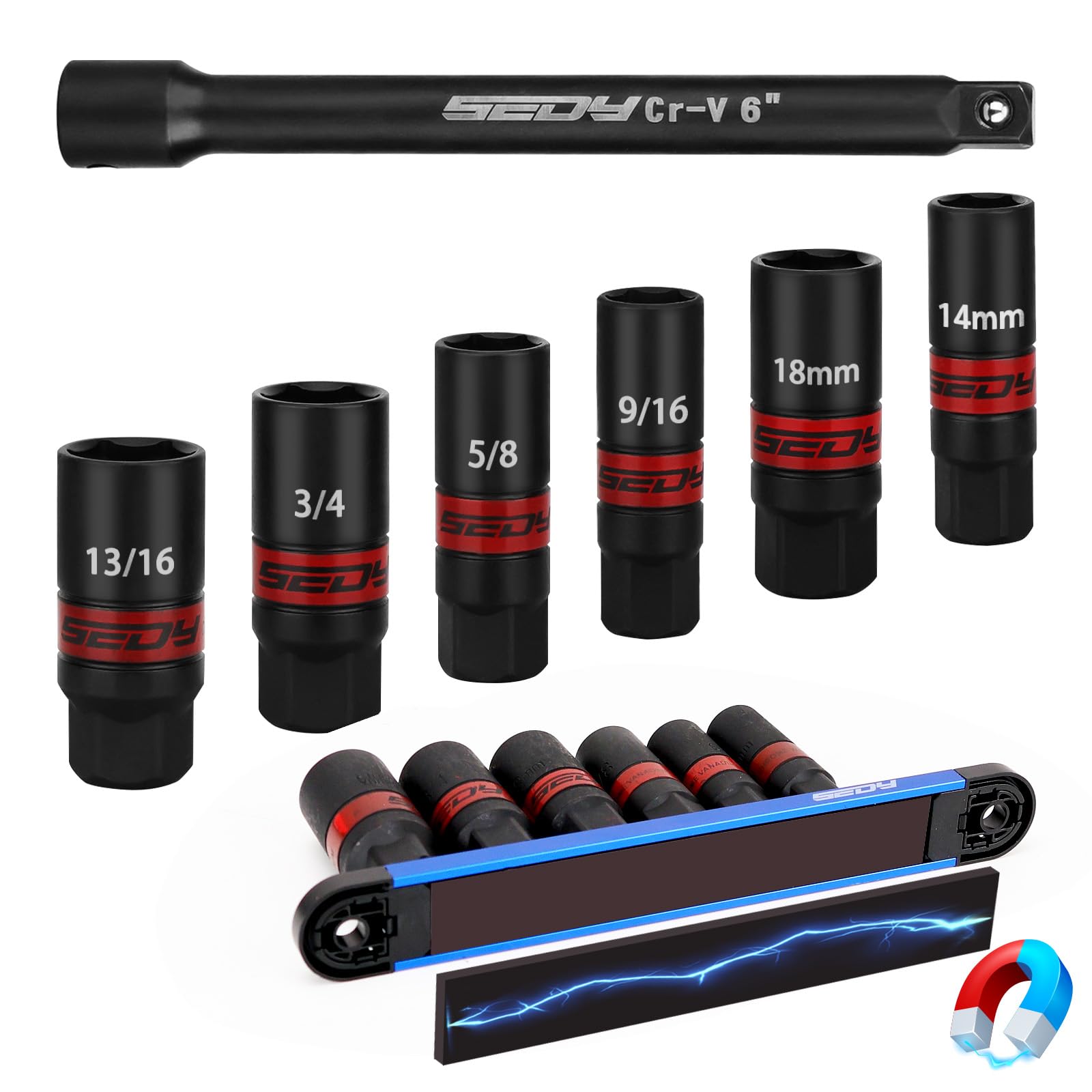 3/8''-Drive Spark Plug Socket Set: 7-Piece SAE & Metric Impact Spark Plug Socket Set with Magnetic Rail, 9/16-inch, 5/8-inch, 3/4-inch, 13/16-inch, 14mm, 18mm, Extension Bars