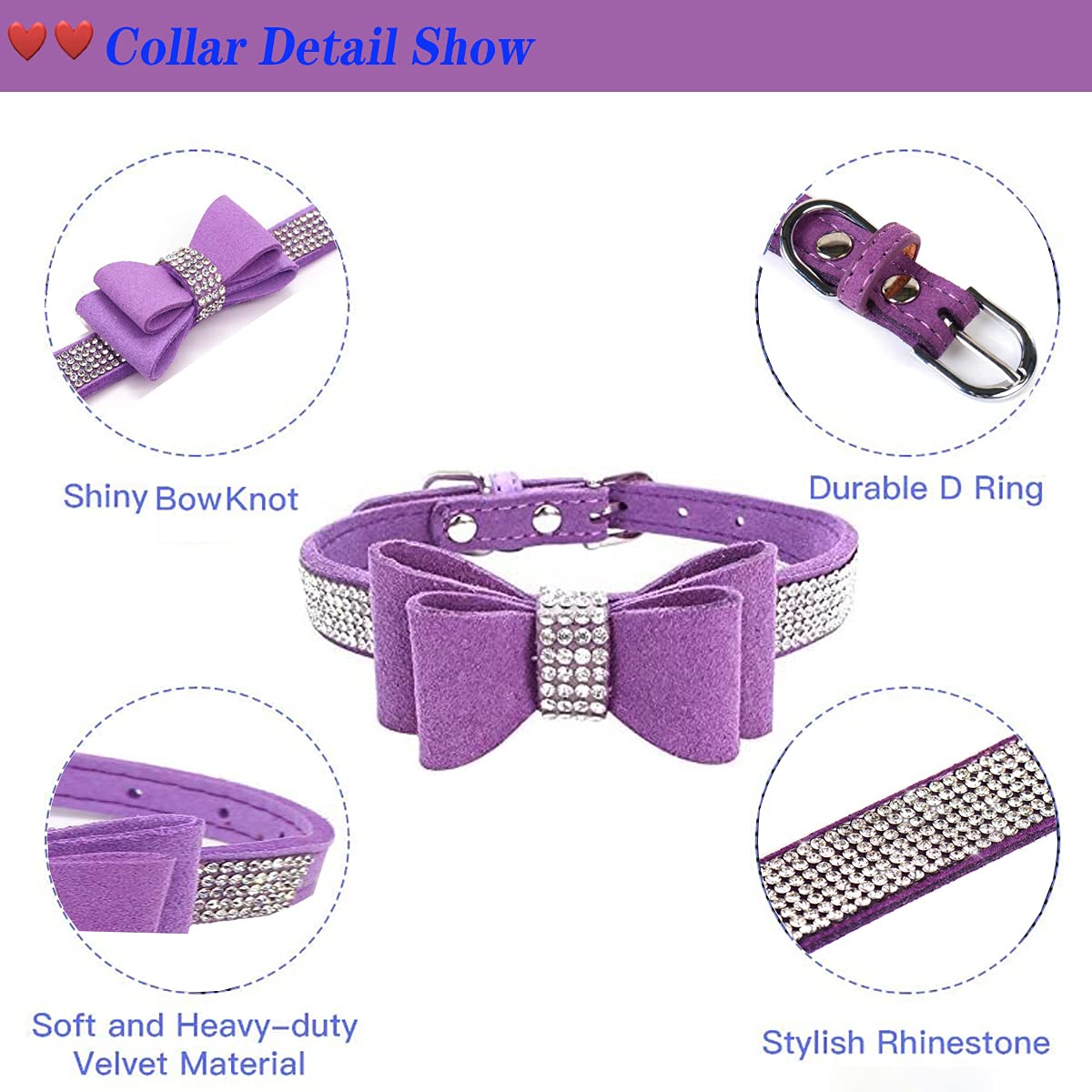 Ensemble Collier Avec Laisse Pour Chien Et Chat - Collier Réglable Avec Nœud En Strass - Pour Chiens De Petite Et Moyenne Taille - Violet, Taille XS