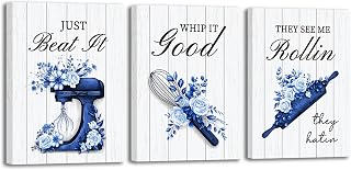 RnnJoile Navy Blue Kitchen Decor Funny Kitchen Picture Wall Art Bakery Room Wall Decor Canvas Framed Chef Cooking Gift 12x16inchx3pcs (Blue)