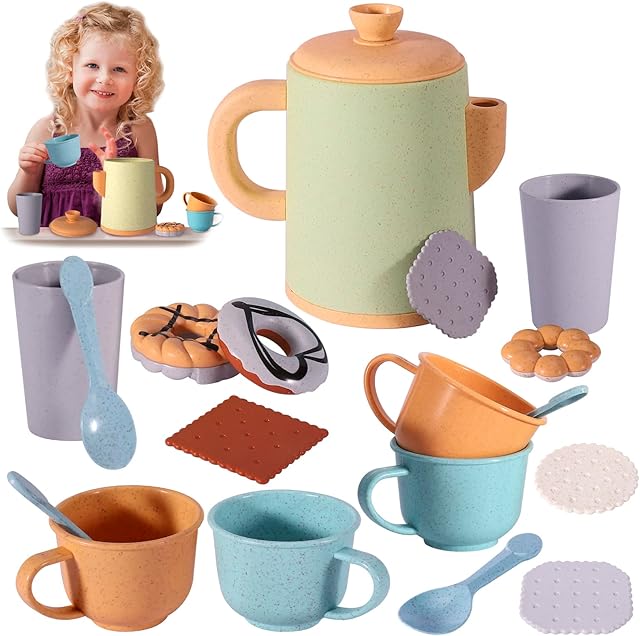 BUYGER Pretend Play Kitchen Accessories, Afternoon Tea Party Set Toy with Take Apart Dessert, Cup and Spoon for Kids Girls Children Toddlers 3 + Year Old