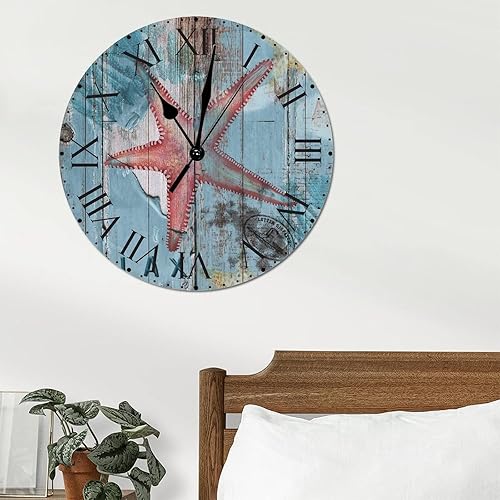 Miniatura 2 de ArogGeld Reloj de pared de PVC vintage con estrellas de mar relajadas relojes de playa con números romanos de 88 pulgadas silencioso sin tictac
