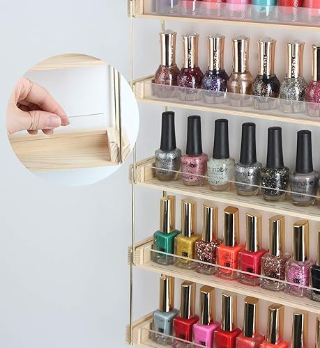 Miniatura 7 de J JACKCUBE DESIGN Estantes de exhibición de esmalte de uñas de metal dorado y madera para montaje en pared, organizador con capacidad para 60