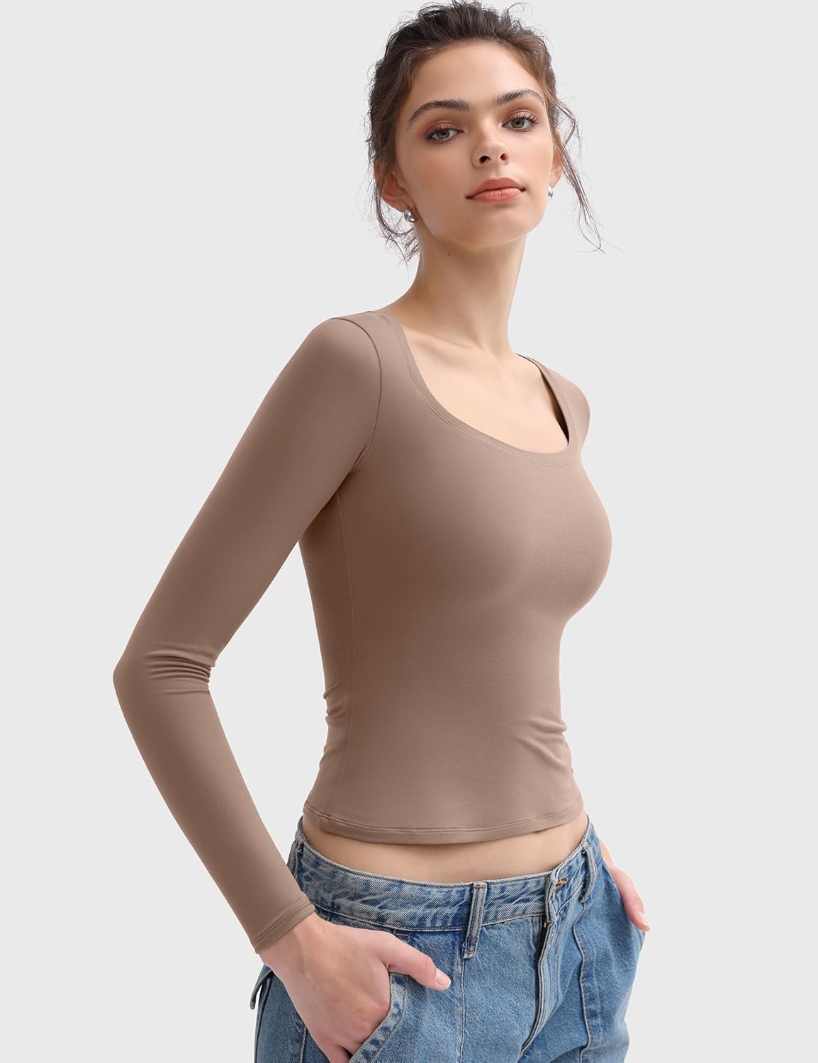 PUMIEY Women's Long Sleeve T Shirts Scoop Neck Slim Fit Going Out Tops Double Lined Basic Tee Smoke Cloud Collection - Image 2