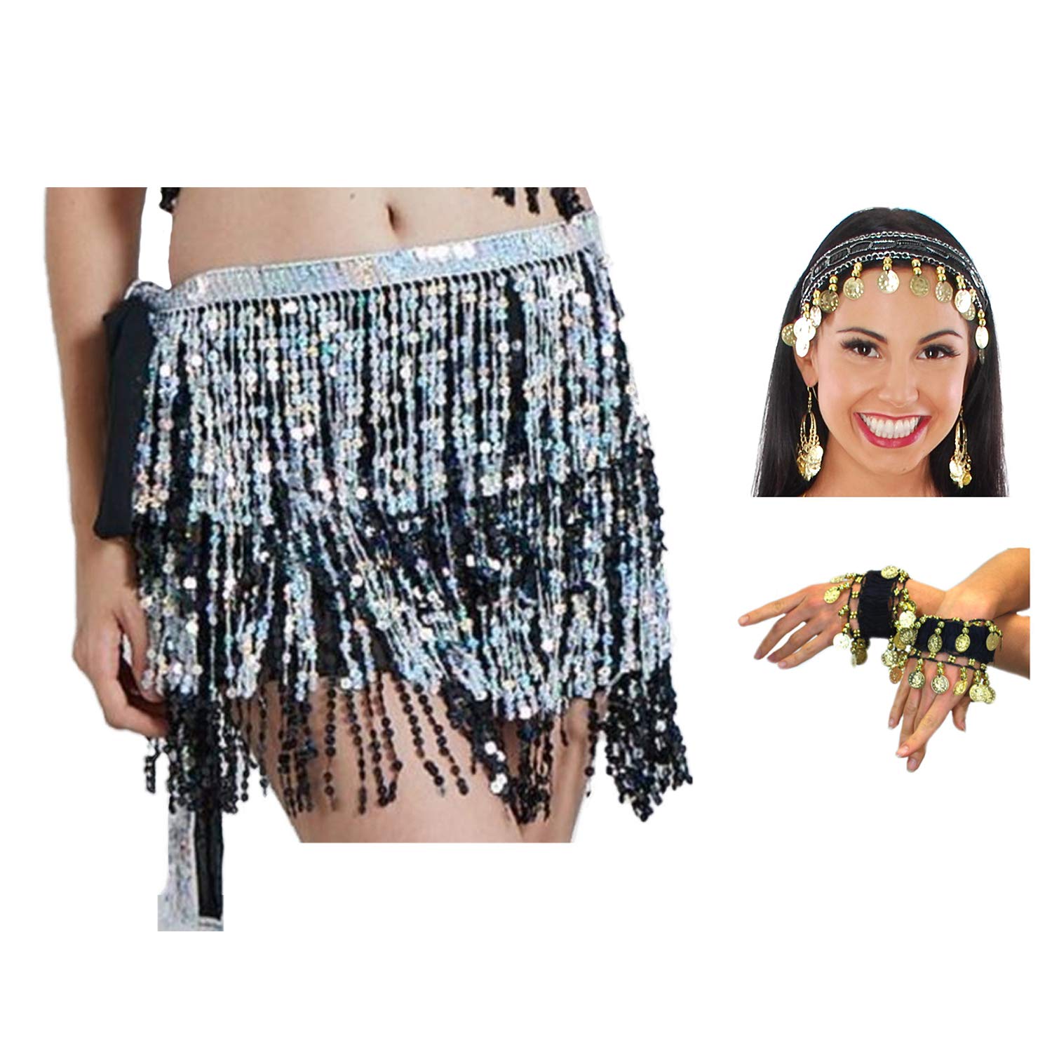 Vritraz Women's Chiffon Belly Dance Hip Scarf Waistband Belt Skirt with Ringy Golden Coins (Pack of 3)-picture-30