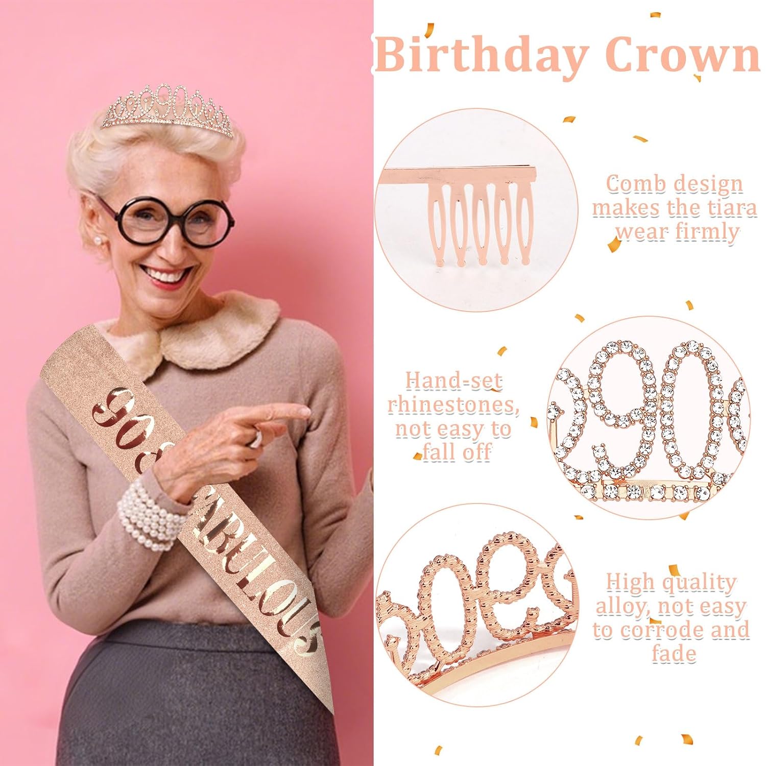 Semato 90th Birthday Decorations for Women Sash and Crown Kit Rose Gold 90th Birthday Gifts for Women Party Supplies