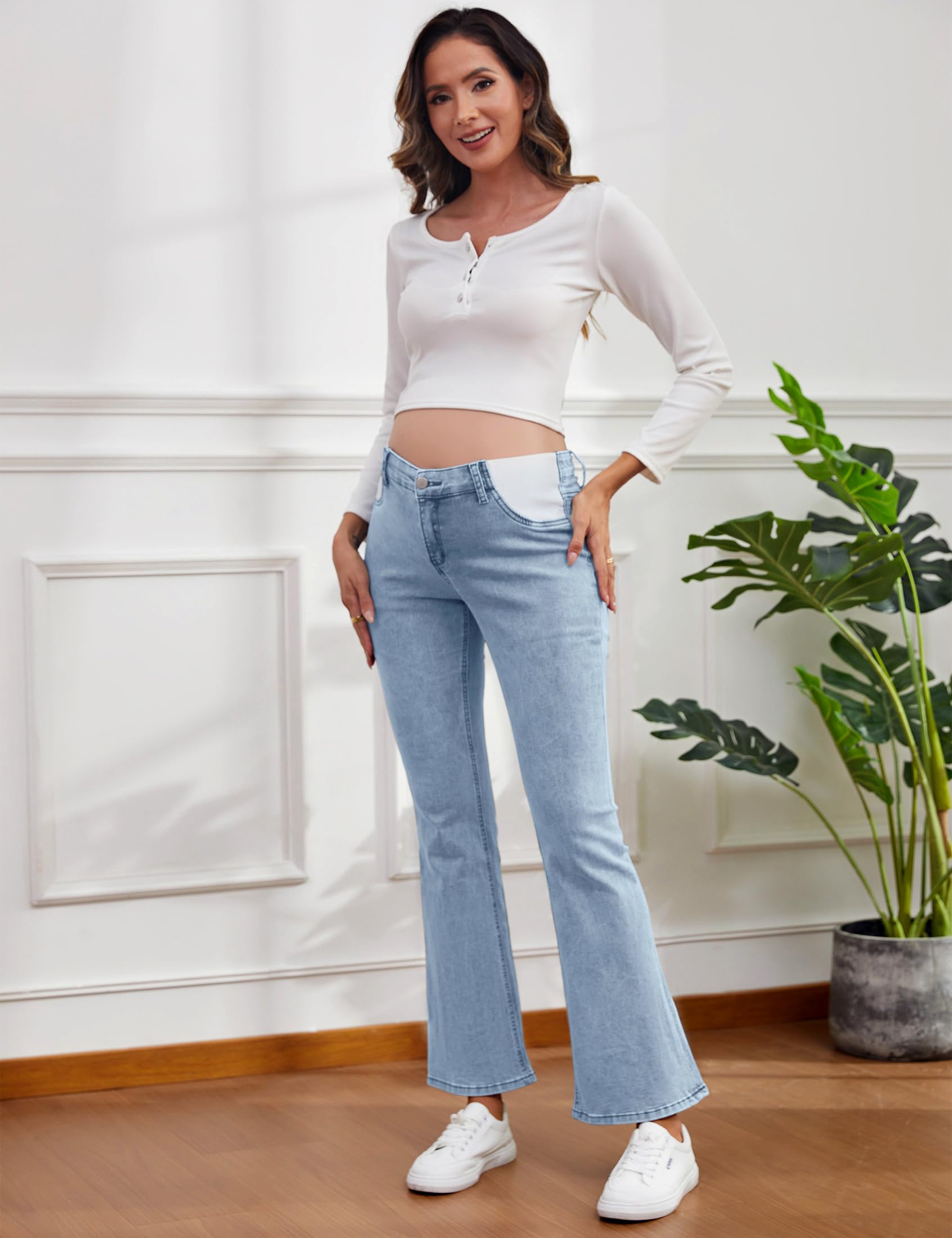 Jean de maternité pour femme - Jean de grossesse bootcut - Taille mi-haute - Pantalon de maternité évasé en denim avec poches