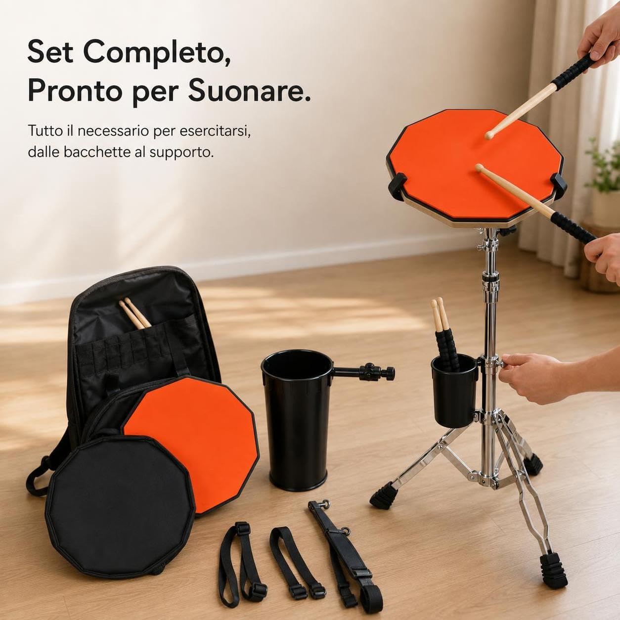 Caja Sorda para Percusión - Almohadilla Práctica Silenciosa con Baquetas y Soporte para Bateristas Principiantes - para Ensayos, Naranja