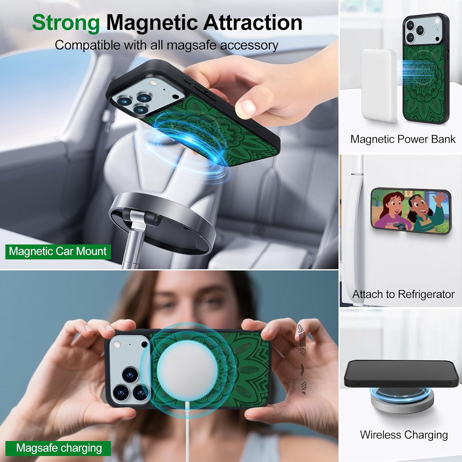 Harryshell 2 in 1 for iPhone 17 Pro Wallet Case Magnetic Compatible with Magsafe RFID Blocking Card Holder Detachable Phone Cover Zipper Purse Kickstand Wrist Strap for Men Women Floral Green - Image 4