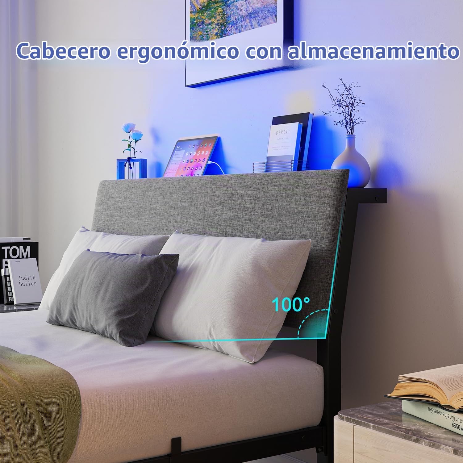 Cama de 120 x 200 cm con somier de láminas de metal, estructura de cama de 120 x 200 cm con cabecero y espacio de almacenamiento, cama de metal de 120 x 200 cm, cama doble sin somier, marco de