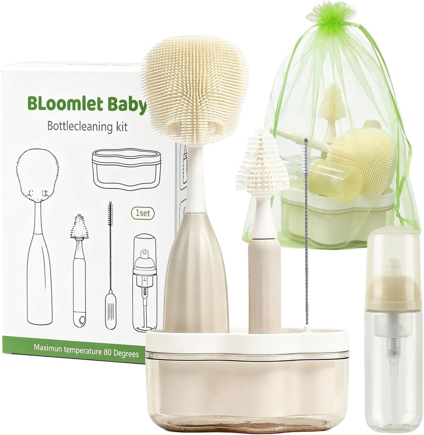 Baby Bottle Brush Set, Silicone Bottle Brush Cleaner with Nipple & Straw Brushes, Push-Press Bubble and Drying Rack for Bottle Cleaning,BPA-Free,Bottle Washer Brush for Breast Pump