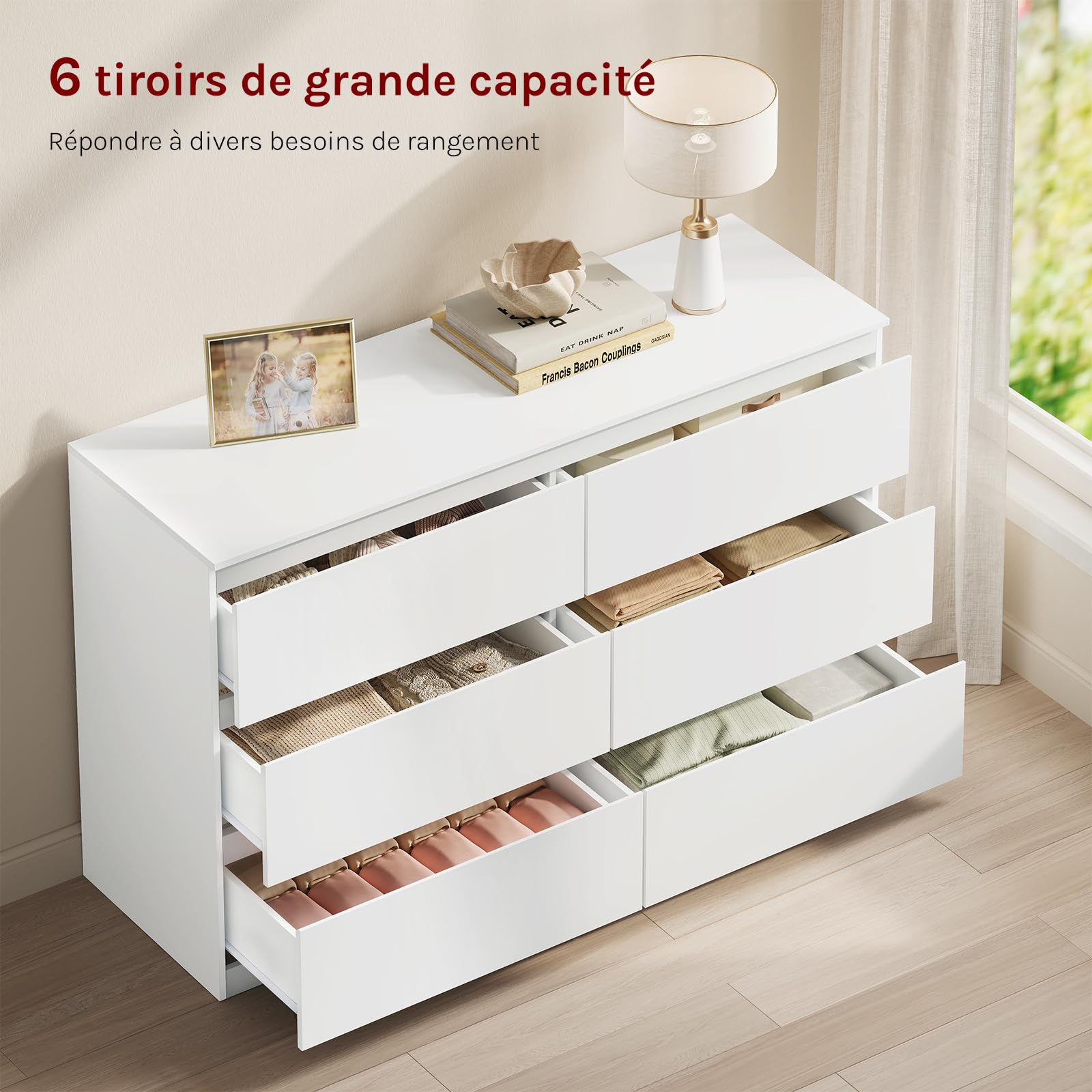 WOLTU Commode Chambre, Meuble de Rangement, avec 6 Tiroirs, pour Salon, Entrée, Style Moderne, en Bois d'Ingénierie, 120x40x75 cm, Blanc