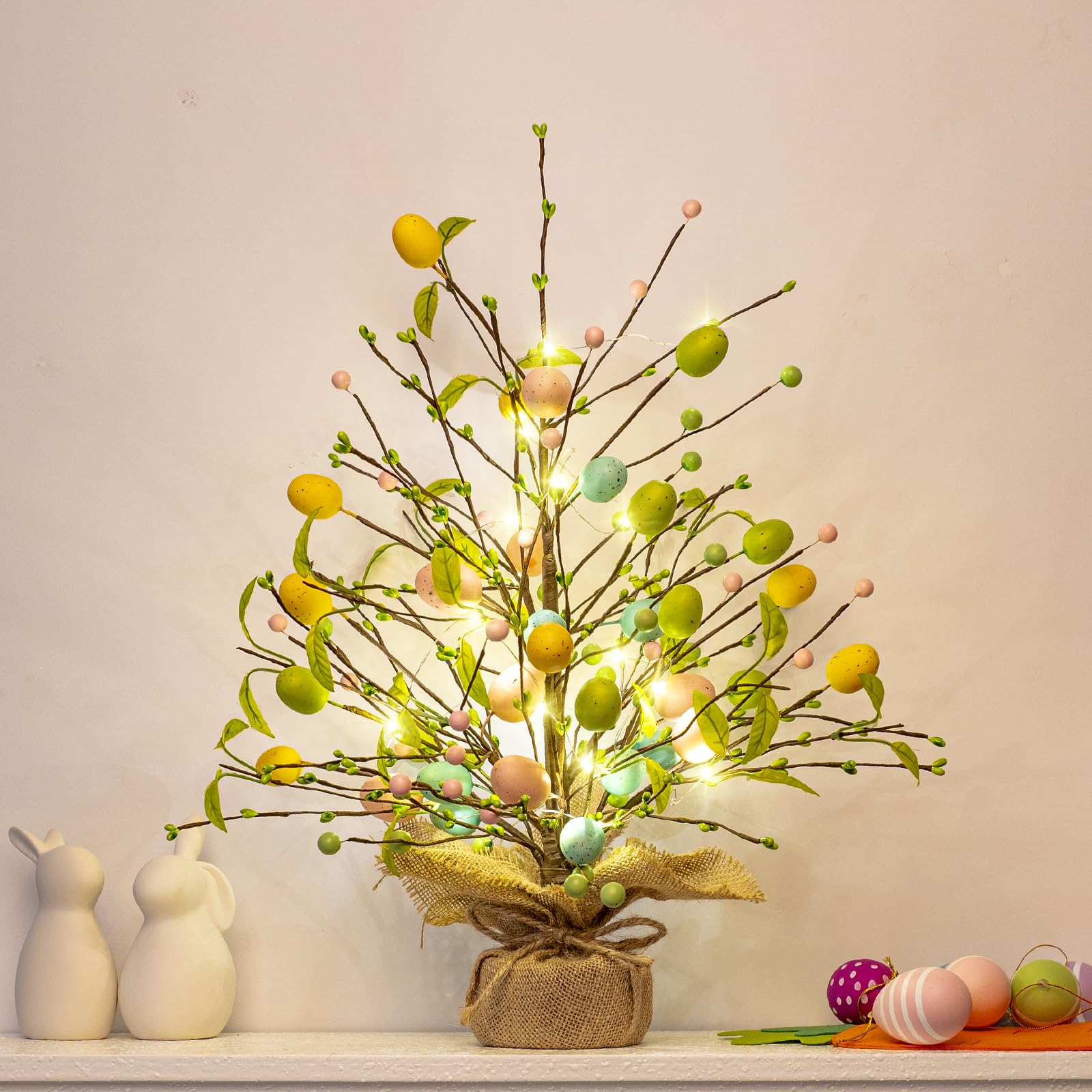Ostern Deko Lichterbaum, 51cm Groß Ostereierbaum mit Licht, Osterbaum mit Bunte Ostereier, Tischdeko Ostern Osterdekoration für Innen Zuhause Party