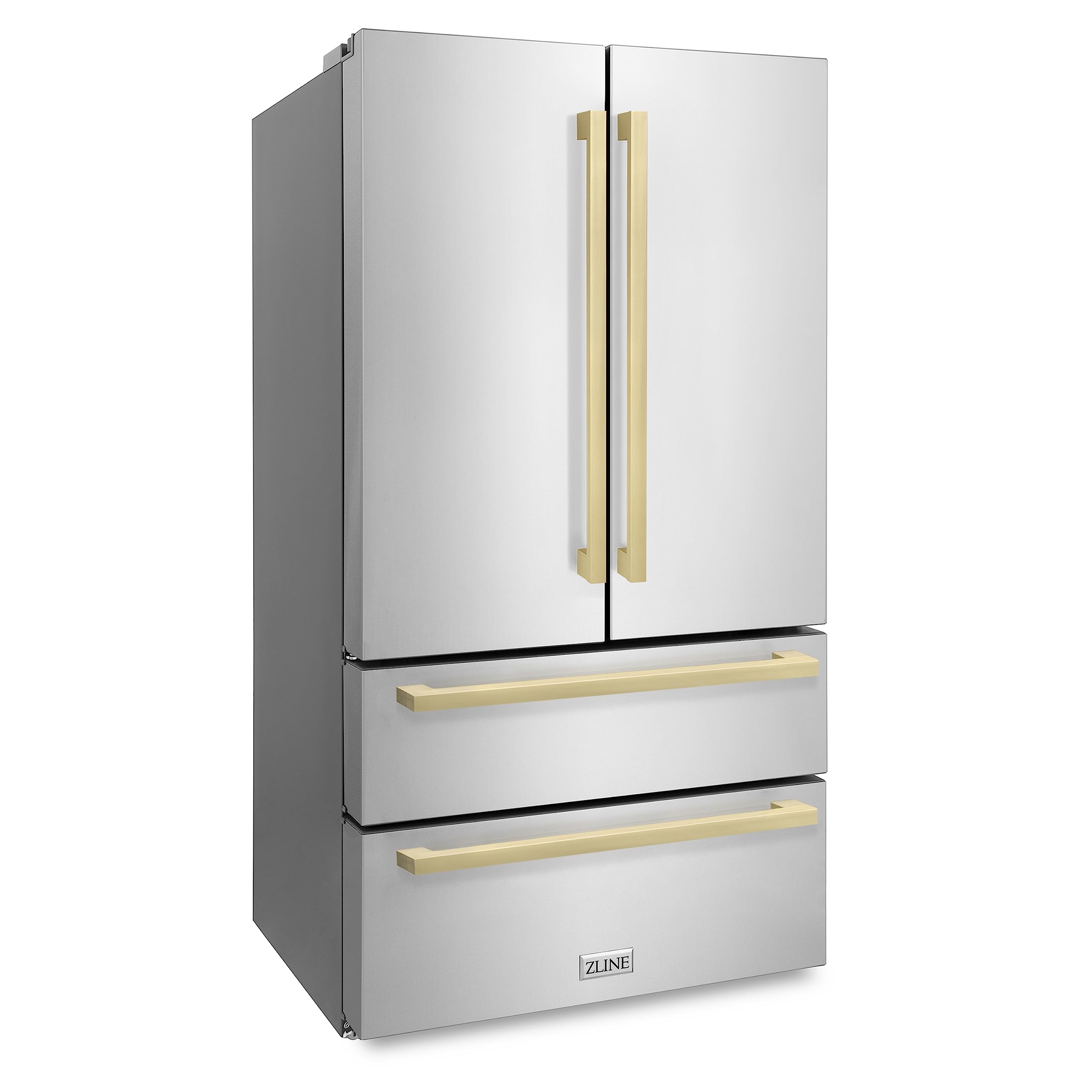 ZLINE Autograph Edition 36 in. 22.5 cu. ft. Counter-Depth French Door Refrigerator with Ice Maker in Fingerprint-Resistant Stainless Steel with Champagne Bronze Modern Handles (RFMZ-36-FCB) on Fridge.com