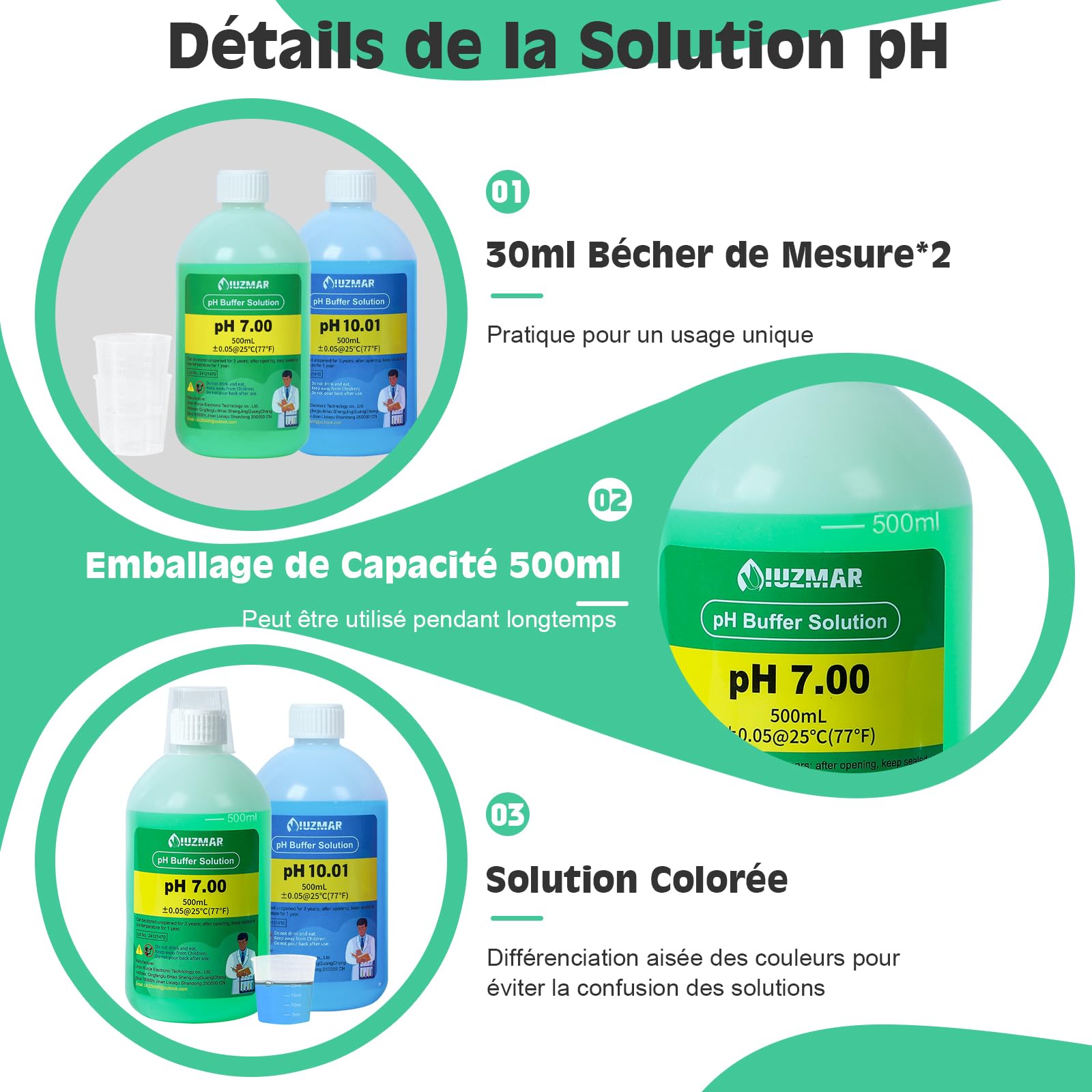UIUZMAR Solution D'étalonnage du pH, pH 10.01/7.00 Solution 500mL Chacune, Solution D'étalonnage du Tampon pH avec Gobelet (30ml*2) pour pH mètre, Testeur de pH, Moniteur de pH, Sonde de pH
