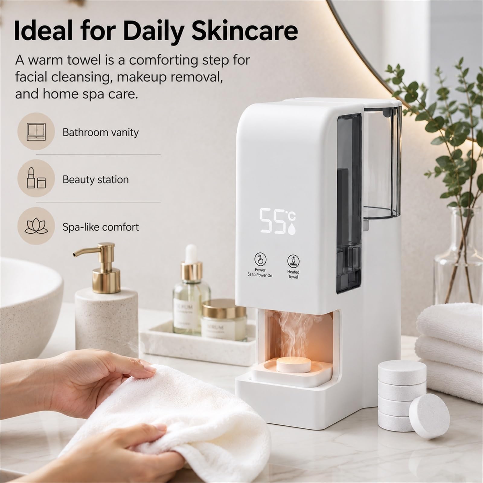Handtuchwärmer Gesicht Heißtuchspender Dampf Kosmetik Wellness 55°C | Heißtuchspender für Gesichtspflege, 500ml Wassertank, 55°C Dampf-Wärmer, inkl. 40 Einwegtücher, tragbar