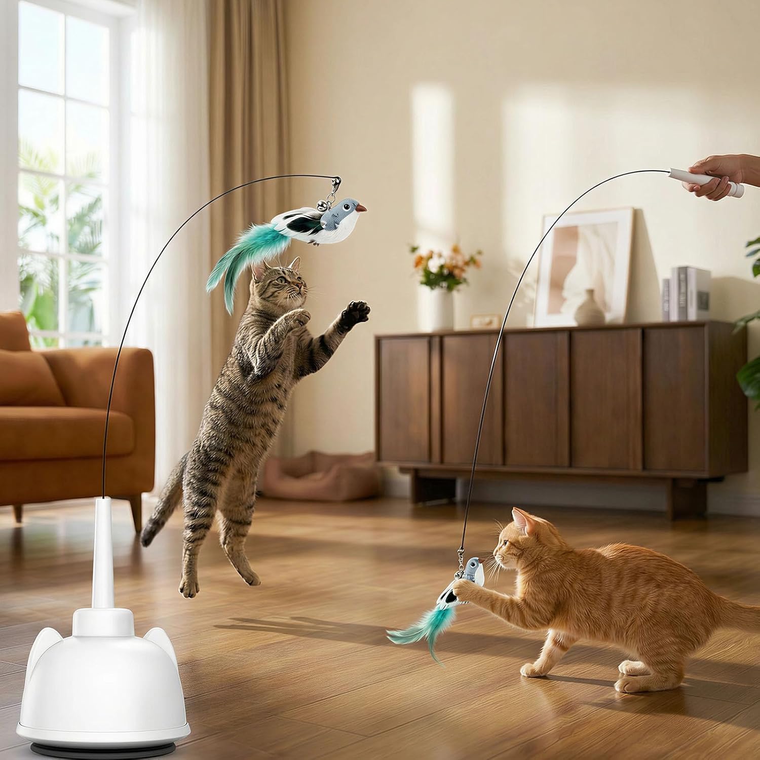 2 in 1 Electric Cat Wand Toy Interactive Cat Toys for Indoor Cats 360° Flying Bird Cat Toy, 2-Speed Fly Cat Chase Toy Automatic Cats Toys with Self ON/Off Suction Cup Electric Cat Teaser Wand