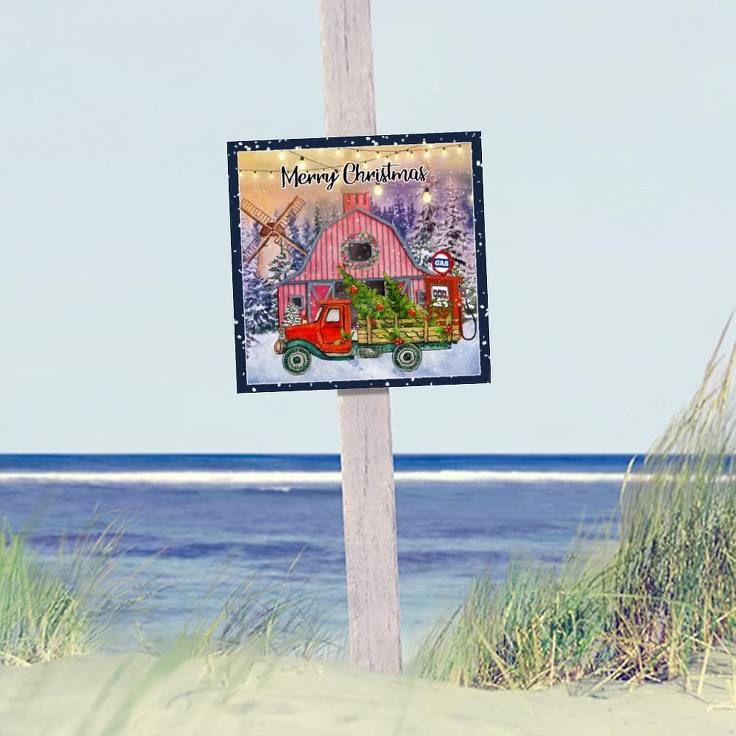 Christmas Gas Station Wooden Signs Retro Winter Farm Snow Tree Red Truck Porch Sign Hello Winter Wall Decor Farmhouse Rustic Wooden For Home Kitchen Bar Room Garage Bedroom Housewarming Gift 16x16in