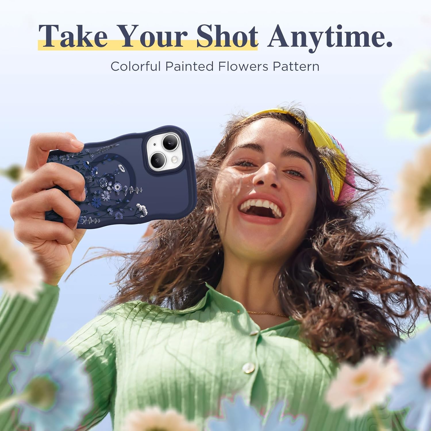 GVIEWIN Cute for iPhone 14 Case & iPhone 13 Case [Compatible with MagSafe] [Curly Wave Edge] Floral Translucent Magnetic Shockproof Protective Phone Cover for iPhone 14/13 6.1'', Floratopia/Blue