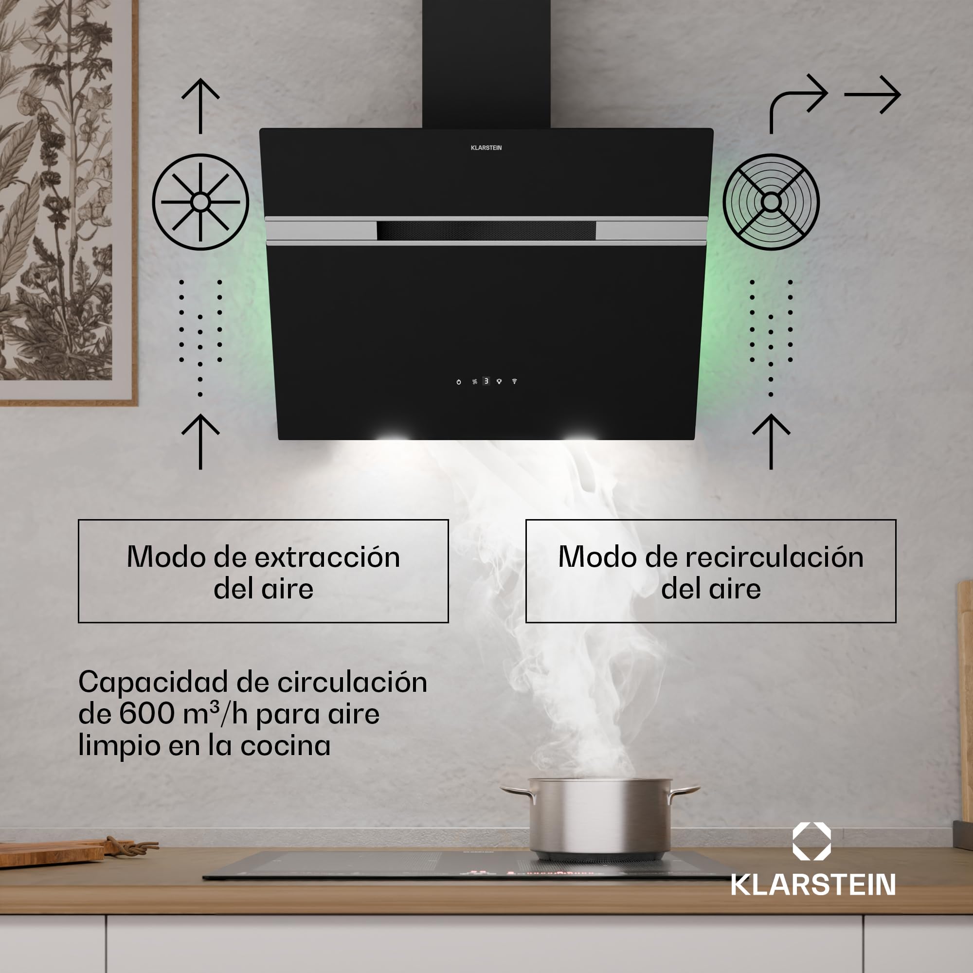 Klarstein Alina Campana Extractora - 60cm Decorativa, 600 m³/h, Control Smart, LED, Clase A, Recirculación, 68 dB, Negro — view 2