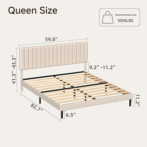 Miniatura 2 de Base de cama de plataforma tamaño Queen con cabecera capitoné de canal vertical, no necesita somier, sin ruido, fácil montaje, terciopelo beige
