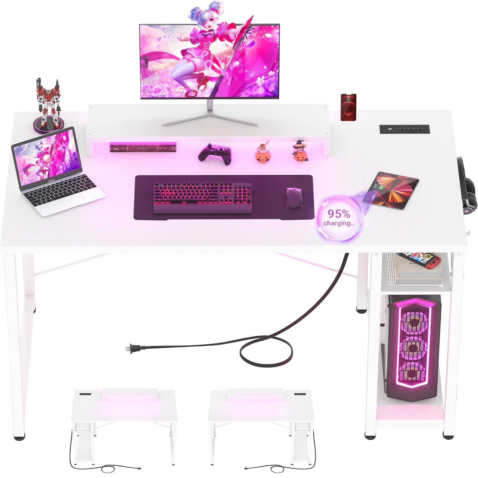 Photo 1 of armocity Computer Desk with LED Lights, Gaming Desk with Power Outlet and USB, 40 Reversible Laptop Table with Moveable Monitor Stand, Small Desk for Small Spaces, Office, Gaming Room, White White 39.4"
