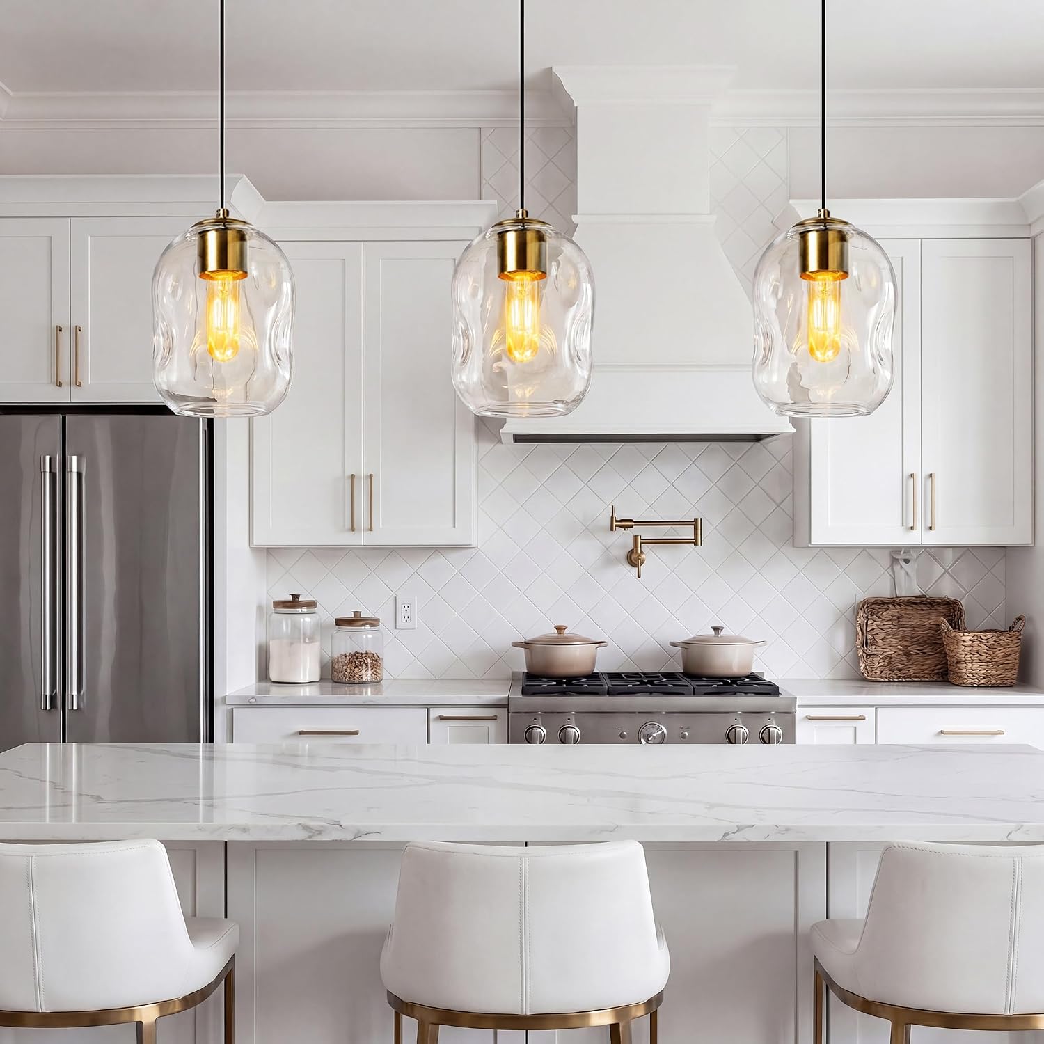 Pendant Lights Kitchen Island, 3 Pack Modern Kitchen Pendant Lighting Over Island, 8.7" Gold Kitchen Island Lighting with Blown Art Glass Clear Organic Globe for Kitchen Dining Room Bedroom