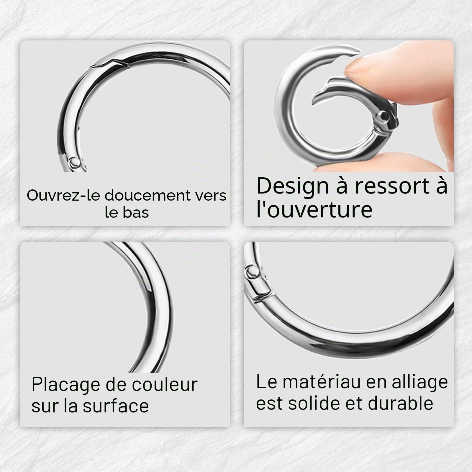 Lot de 16 mousquetons ronds, mousqueton en alliage de zinc de 40 mm, grands anneaux fendus à ressort, porte-clés, anneau torique pour porte-clés, sac, sac à main, loisirs créatifs, argent