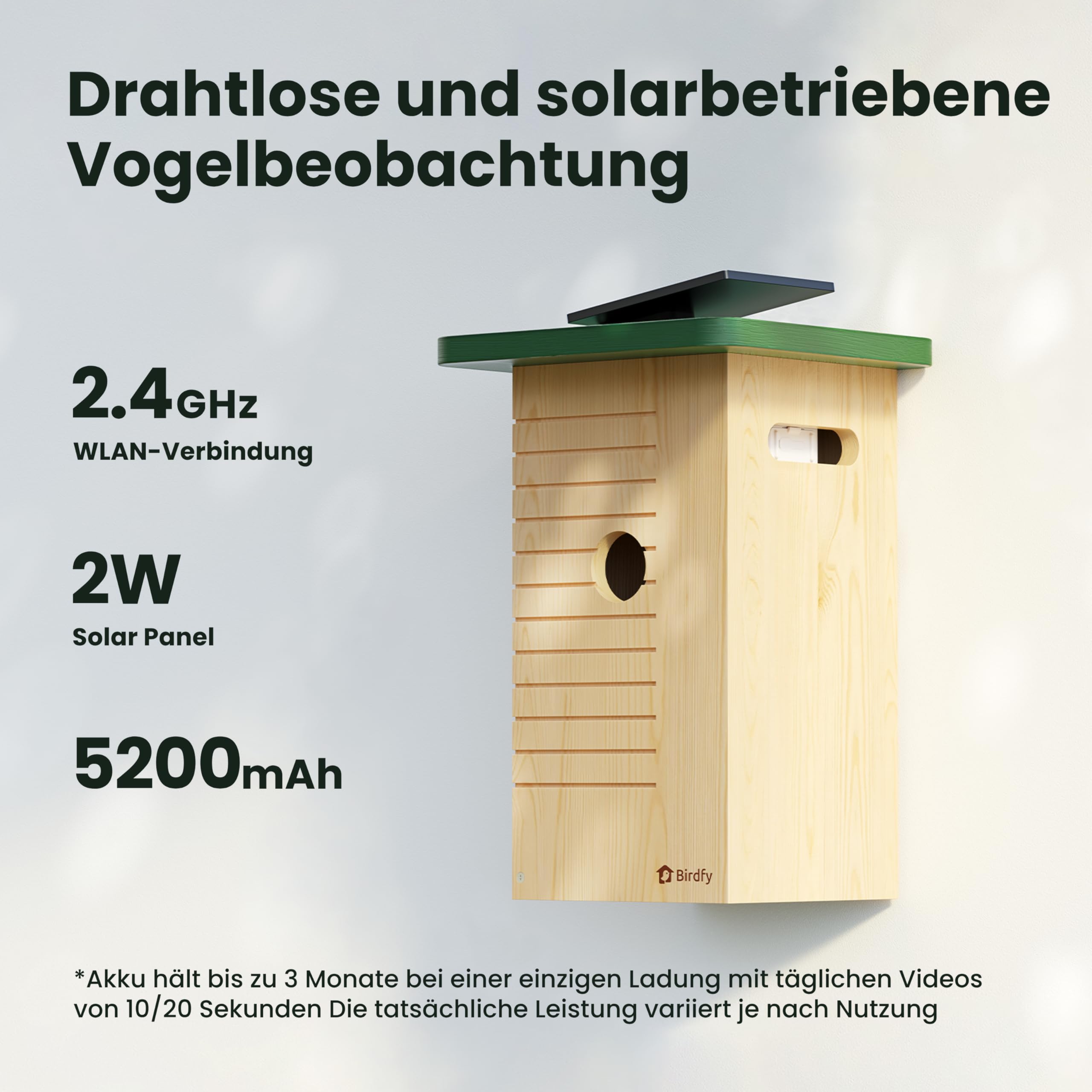 Birdfy Vogelhaus mit Kamera Solar, 1080P FHD Live-View, Echtzeitbeobachtung des Nestbaus und der Brut von Vögeln,Nistkasten mit Kamera, 5200mAh Akku, KI - Ident Vogelfreunde