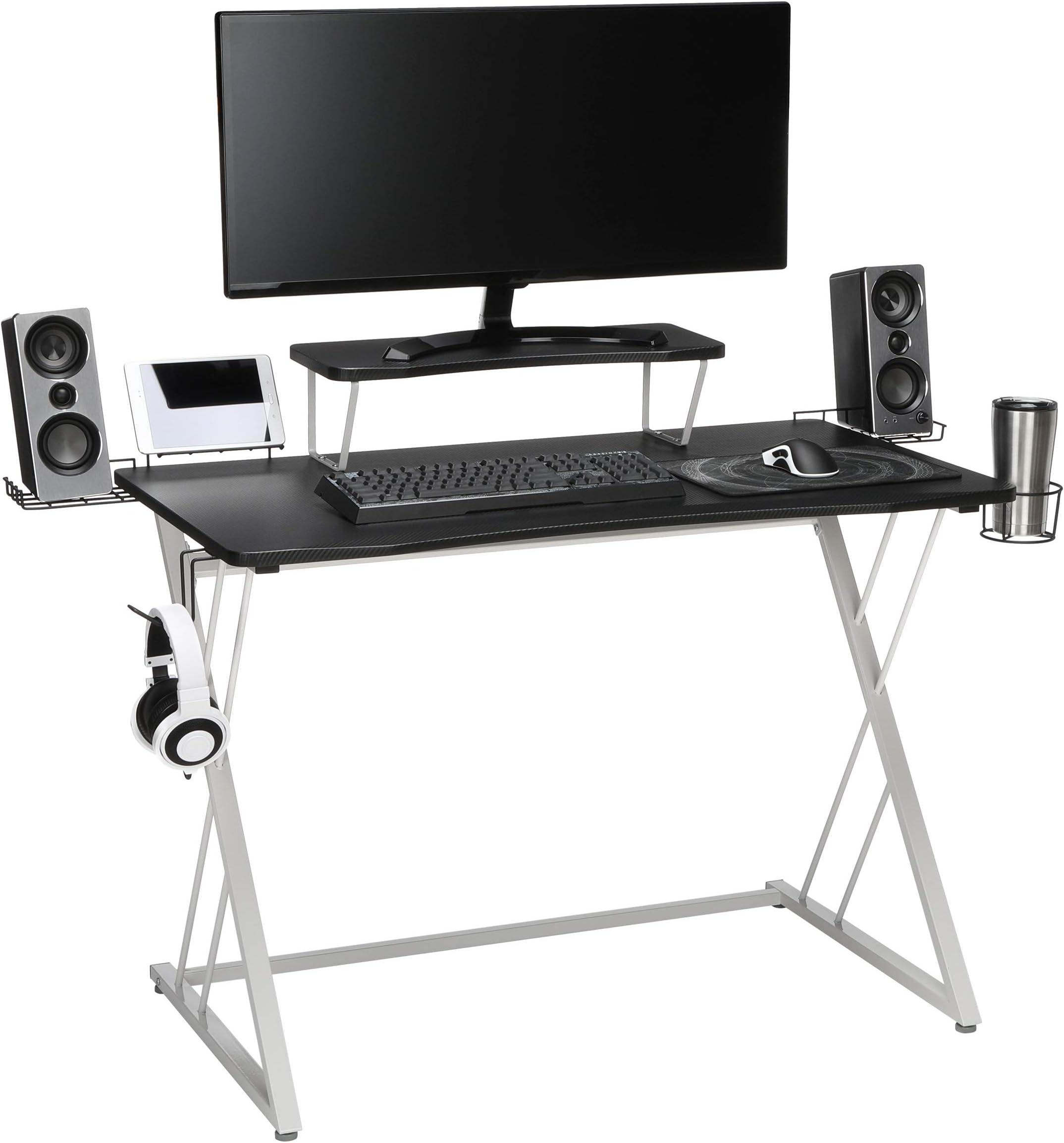 OFM ESS Collection Gaming Computer Desk, 35" Monitor Shelf, 55", White/Black