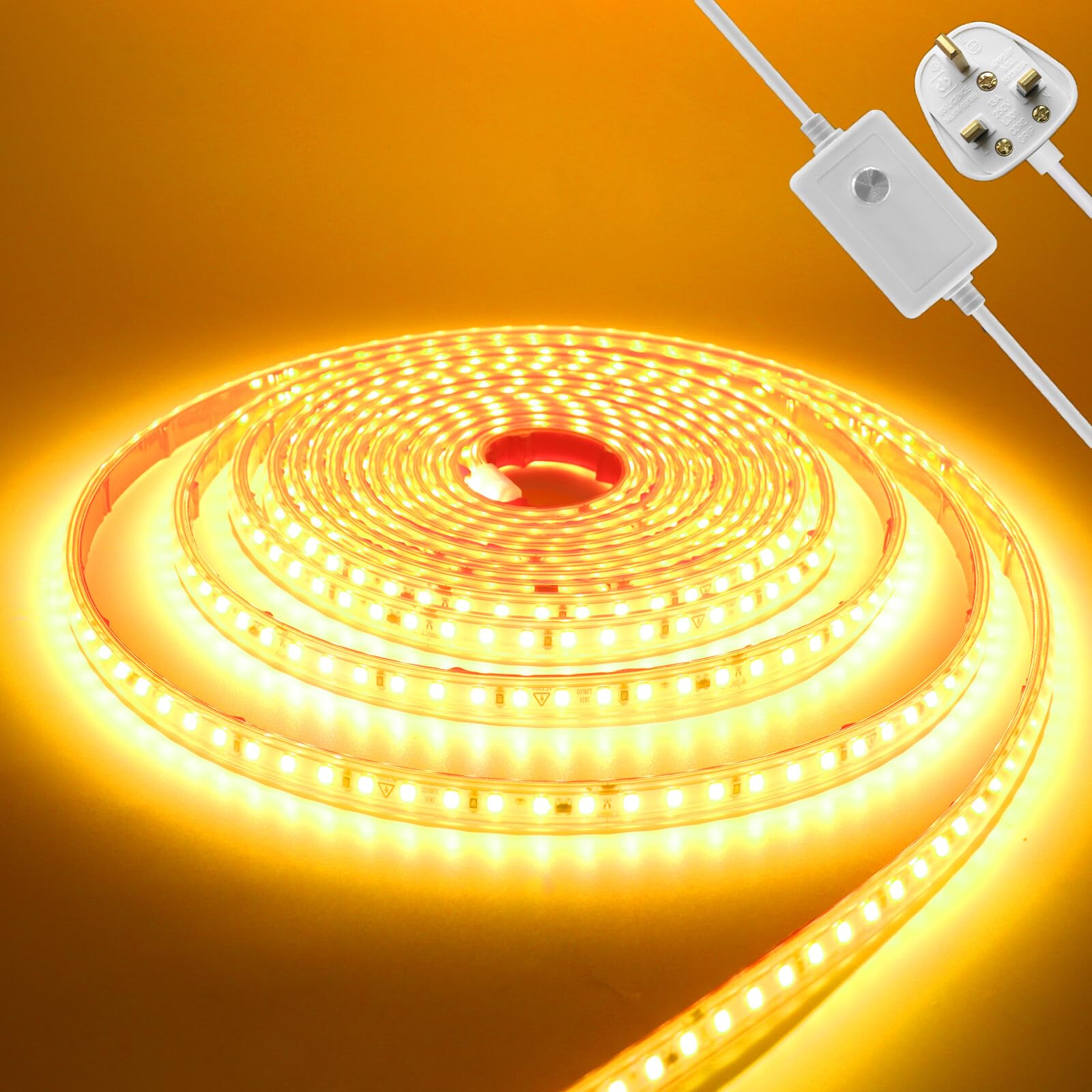 KAFULA 220V Dimmable LED Light Strip - 17M Yellow Super Bright LED Fairy Light CRI85+, IP65 Waterproof Flexible, Can be Cut Every 10cm | 120 LEDs/m | Home Decor